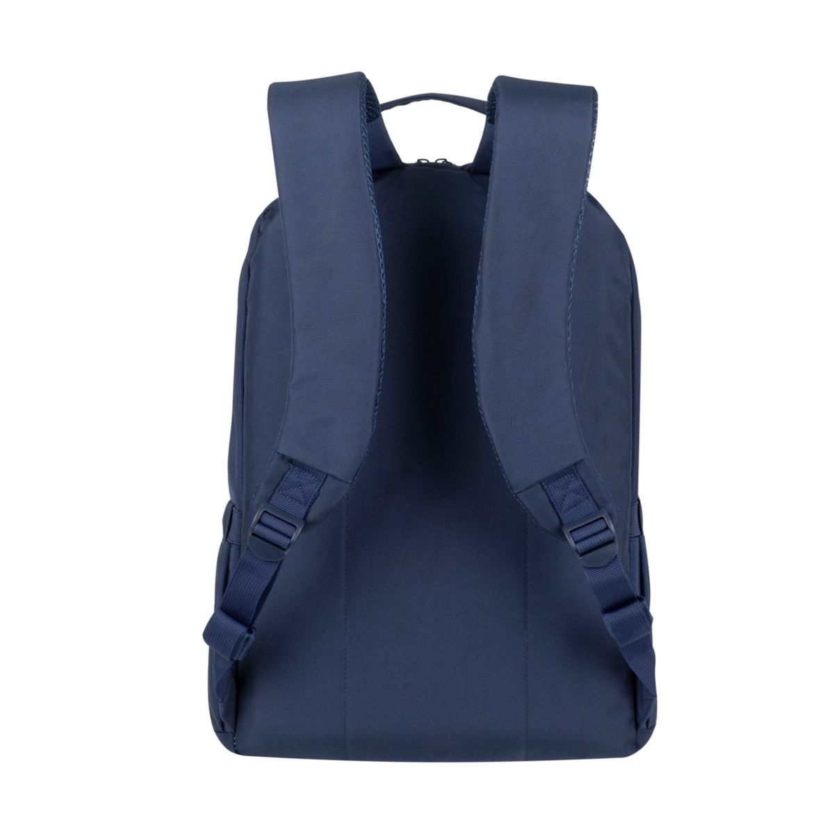 Uno zaino blu navy è mostrato da dietro. Ha due spallacci e una maniglia in alto.