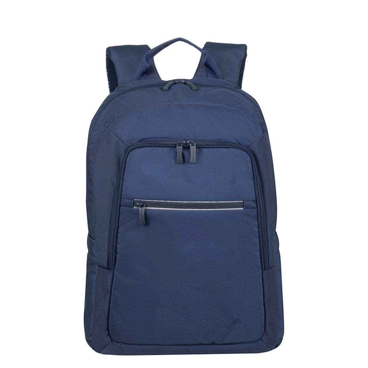 Zaino blu navy con tasche e cerniere multiple. Ha una striscia riflettente e il logo.