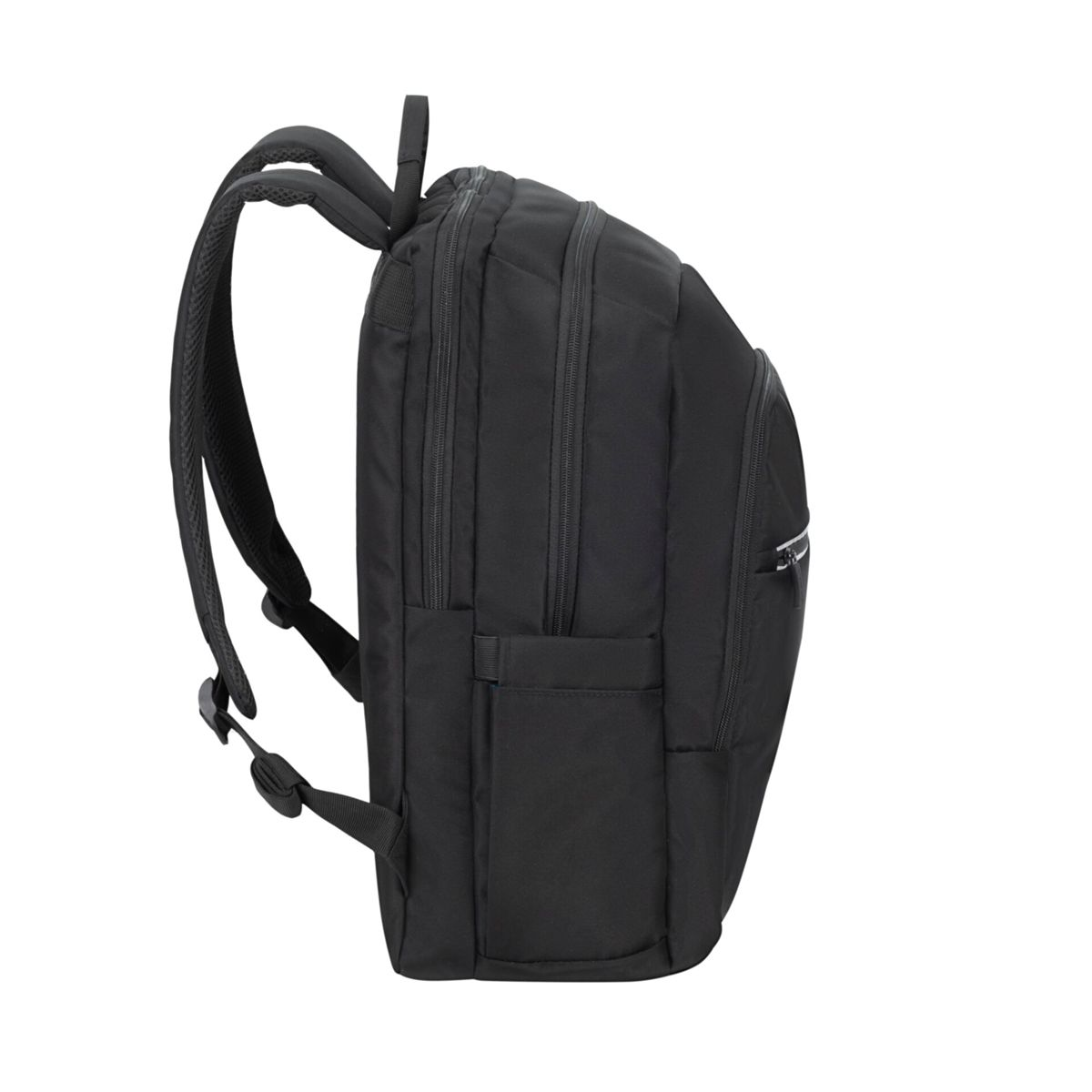 Zaino nero con tasche laterali, cerniere e spallacci, visto di lato.
