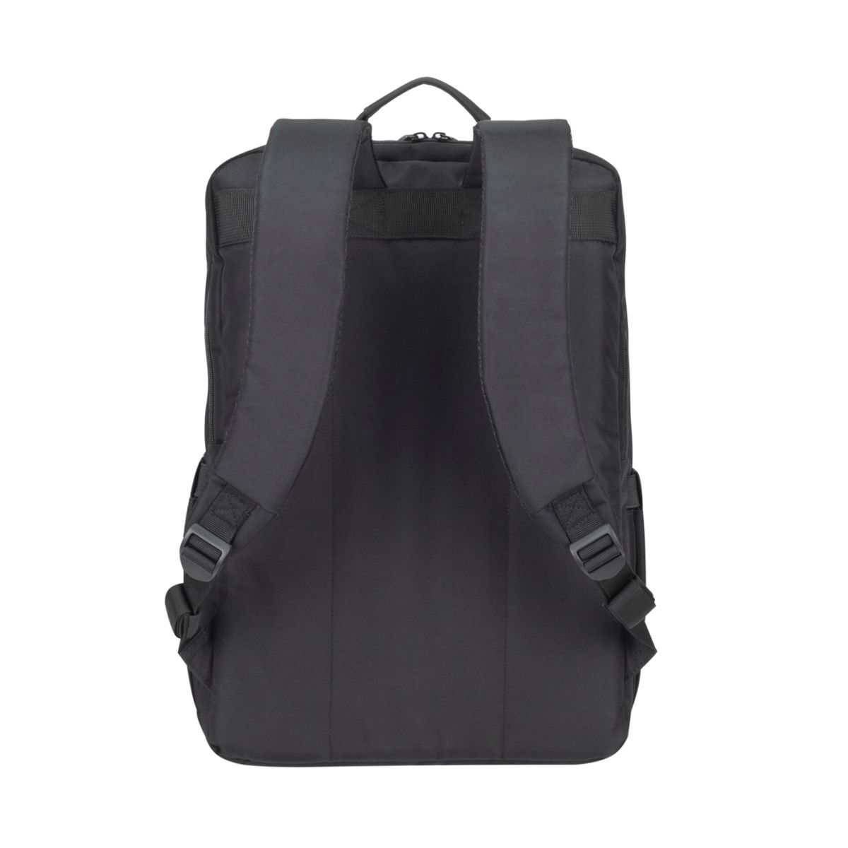 Zaino nero, vista posteriore. Due spallacci, maniglia e tasche laterali.