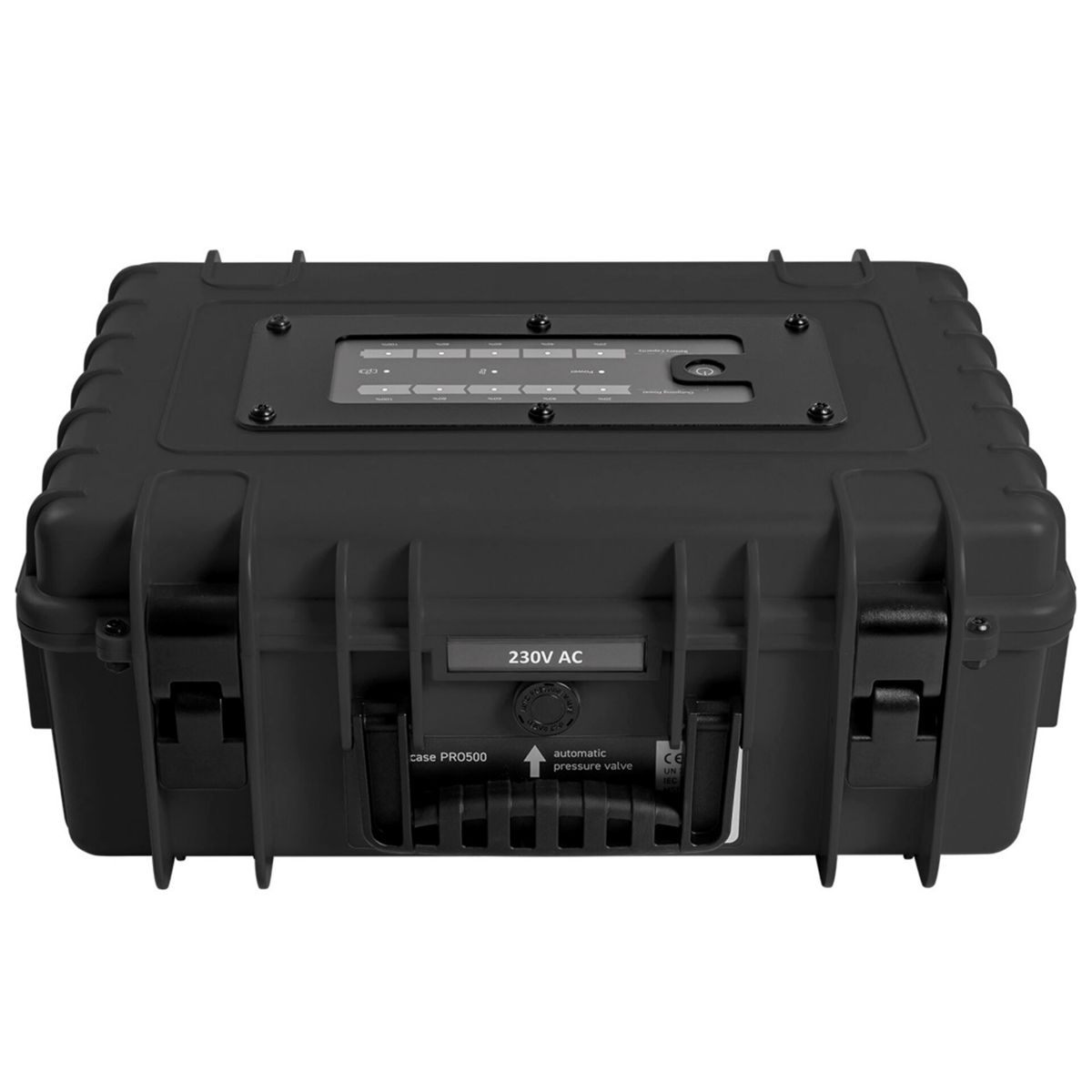 Schwarzes Gehäuse PRO500 mit Knöpfen und 230V AC-Eingang auf weißem Hintergrund.