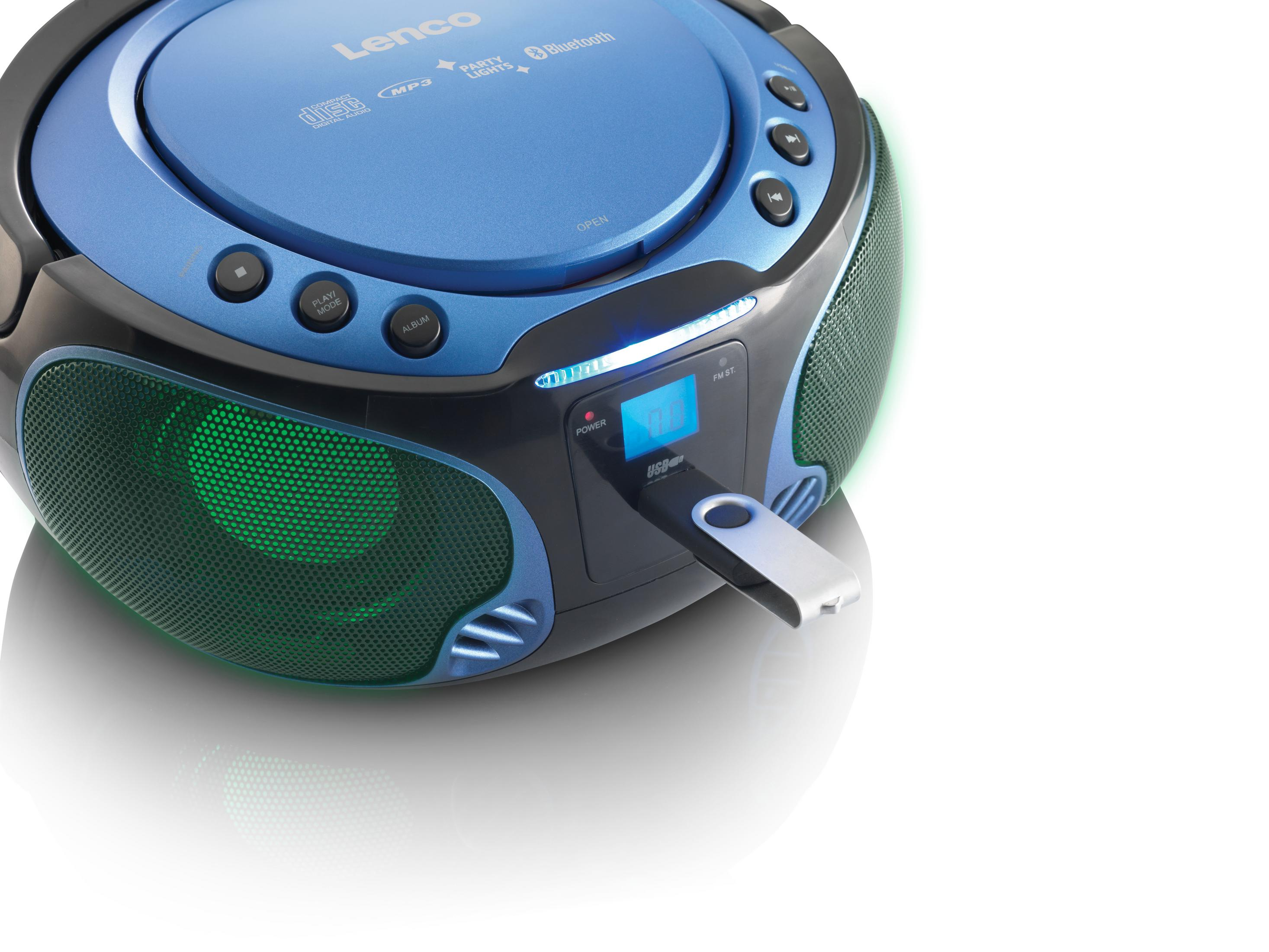 A blue and black Lenco CD player with a USB port and a digital display showing FM radio.