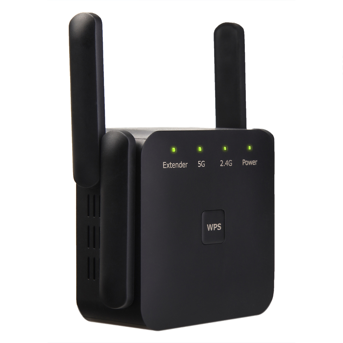 Schwarzer WLAN-Extender mit zwei Antennen und grünen LED-Lichtern. Er hat eine WPS-Taste.