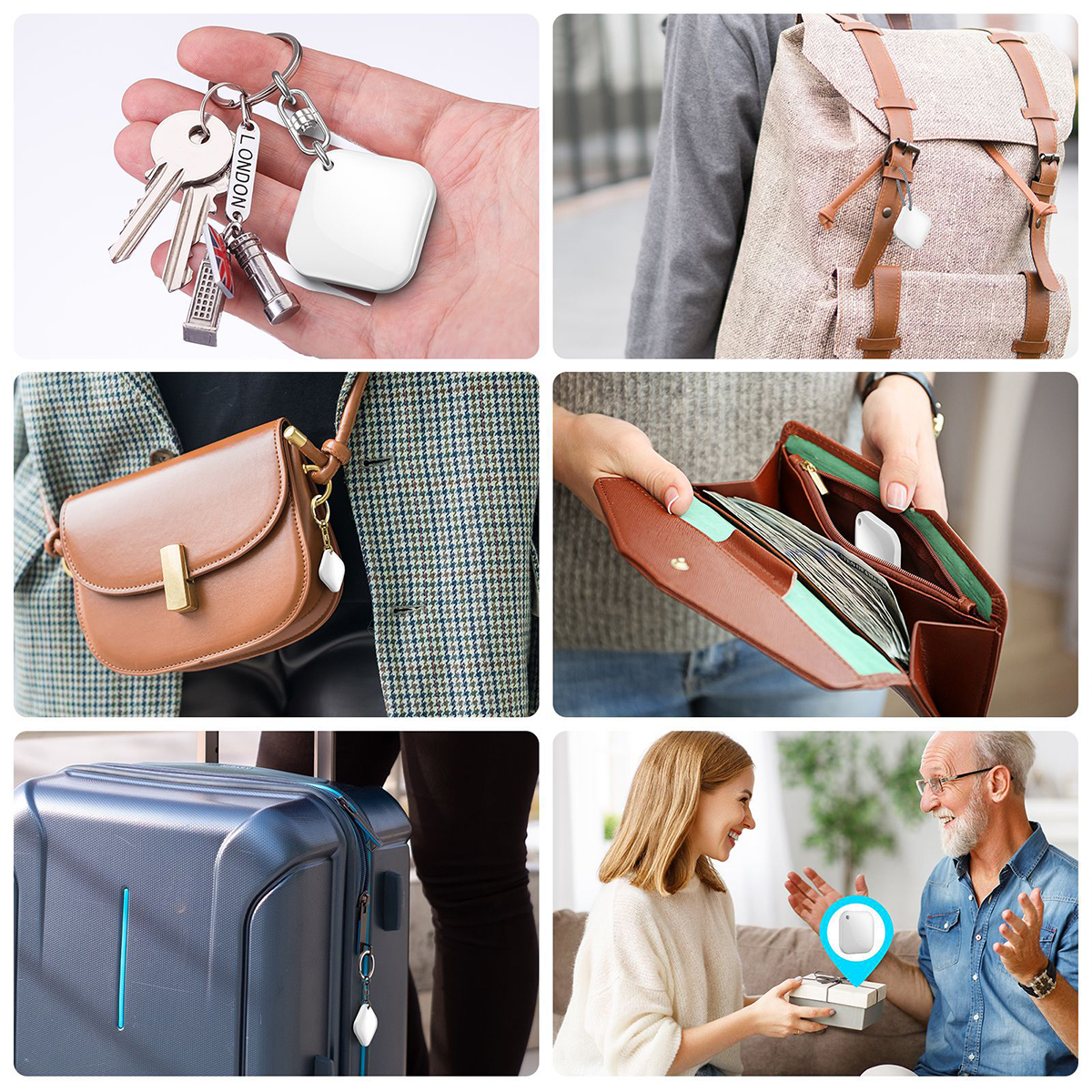Eine Sammlung von Gegenständen, Schlüsselanhängern und einem Geschenk, mit einem weißen Tracker.