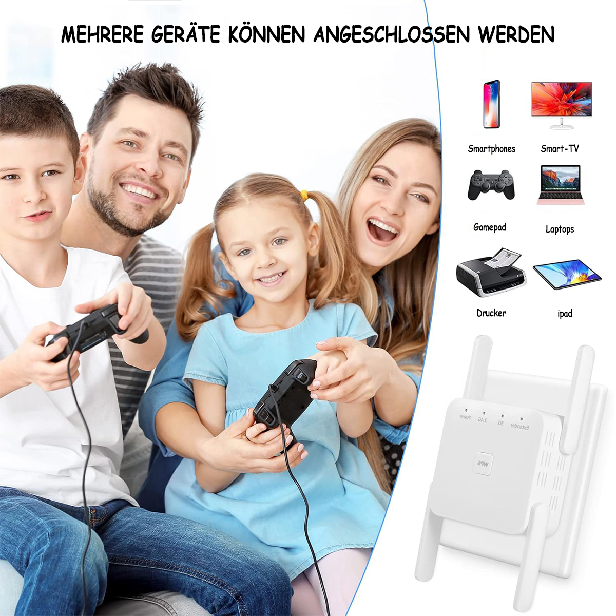 Familie spielt Videospiele. Auf der rechten Seite befindet sich ein Router. Im Hintergrund sind verschiedene Geräte zu sehen.