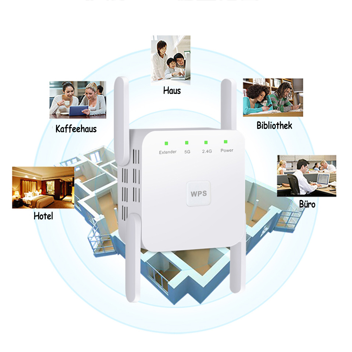 Ein weißer Router mit Antennen, umgeben von Bildern verbundener Orte wie Café, Büro und Zuhause.