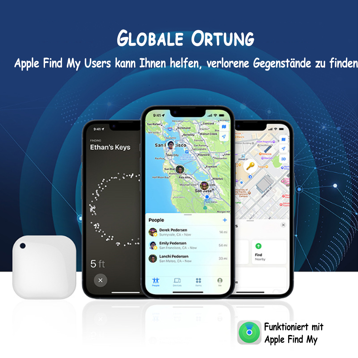 Drei Smartphones mit Karten und Kontakten werden angezeigt, mit dem Text: GLOBALE ORTUNG. Apple Find My.
