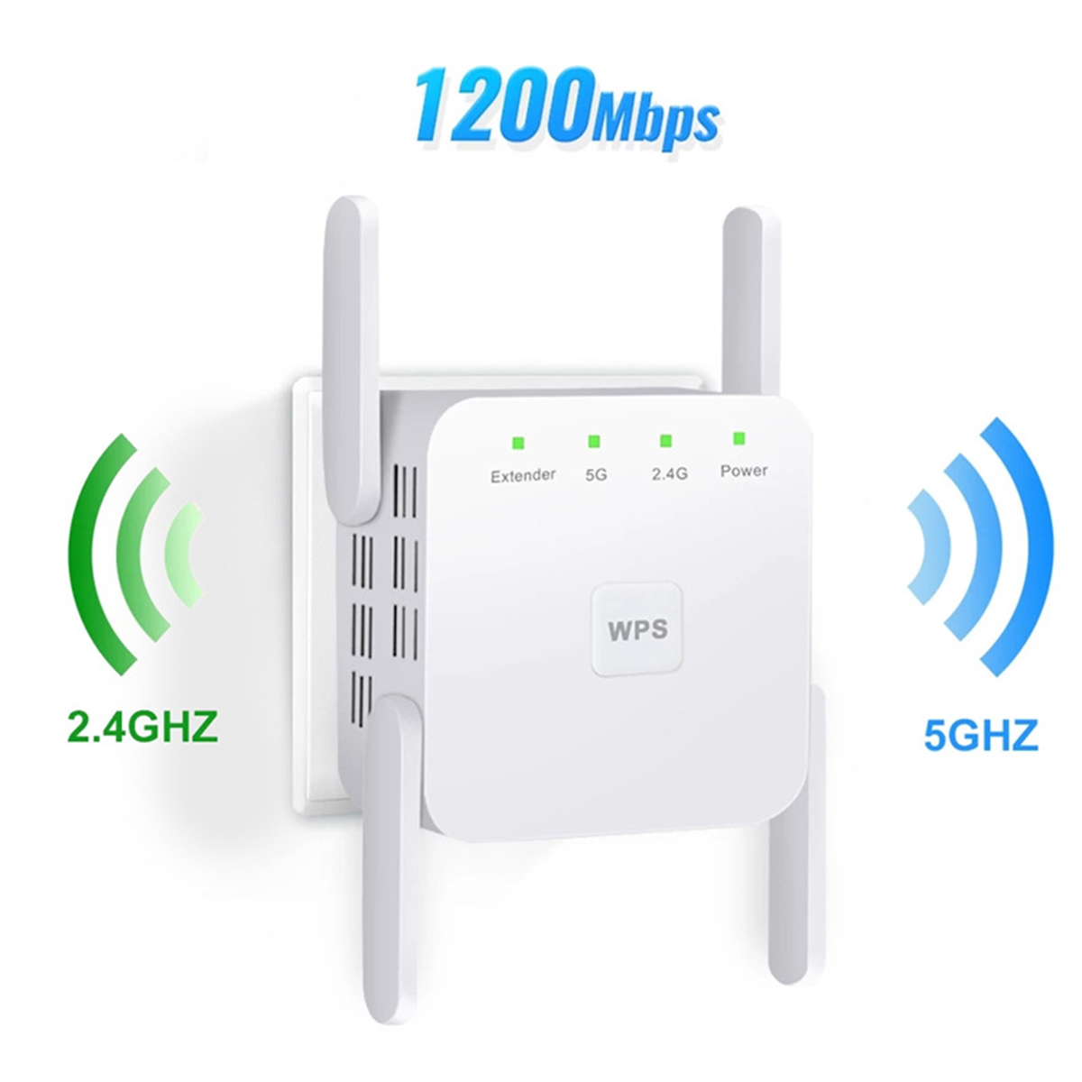 Weißer WiFi-Extender mit Antennen. Grüne 2,4 GHz und blaue 5 GHz Symbole.