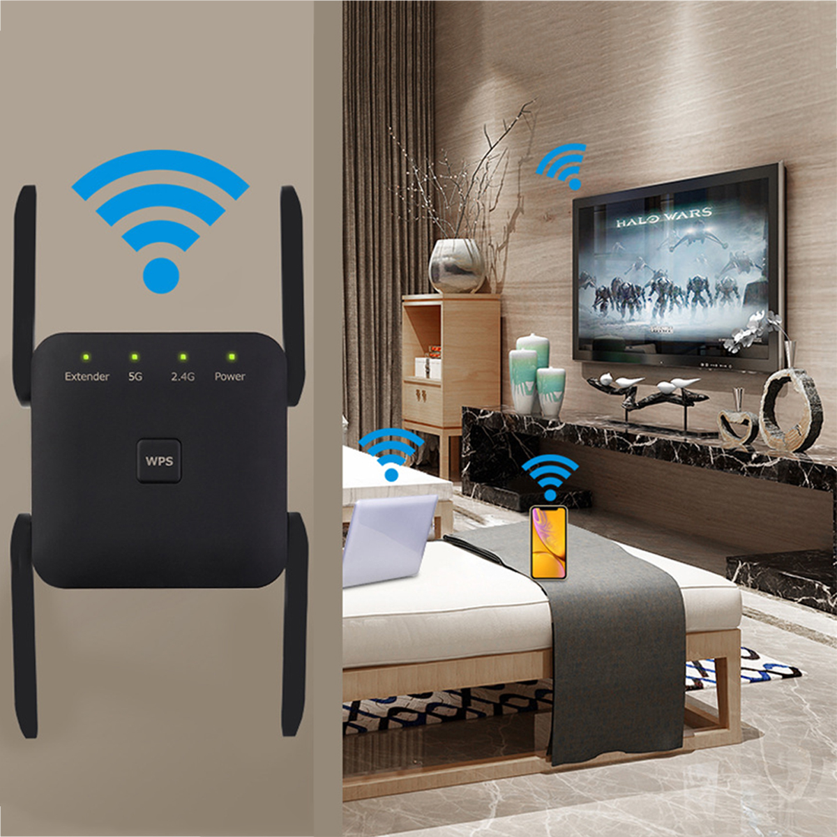 Ein drahtloser Extender mit Antennen und einem Fernseher, Telefon und Laptop mit WLAN.