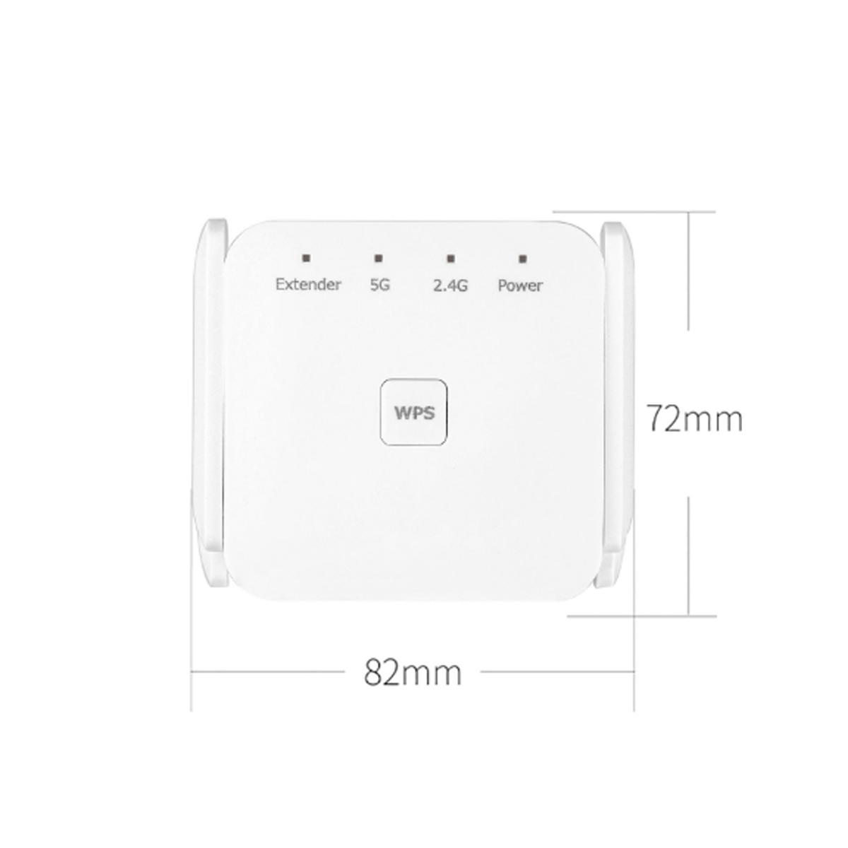 Weißer Netzwerk-Extender mit WPS-Taste und Maßen in mm auf weißem Hintergrund.