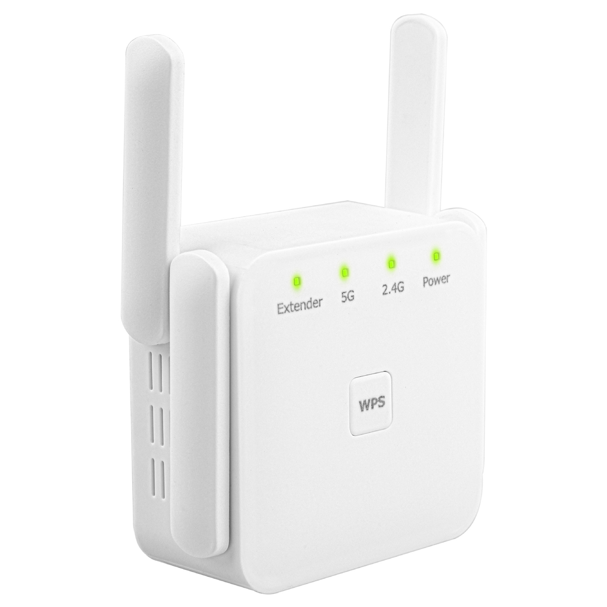 Ein weißer WLAN-Repeater mit Antennen und grünen Kontrollleuchten, weißer Hintergrund.
