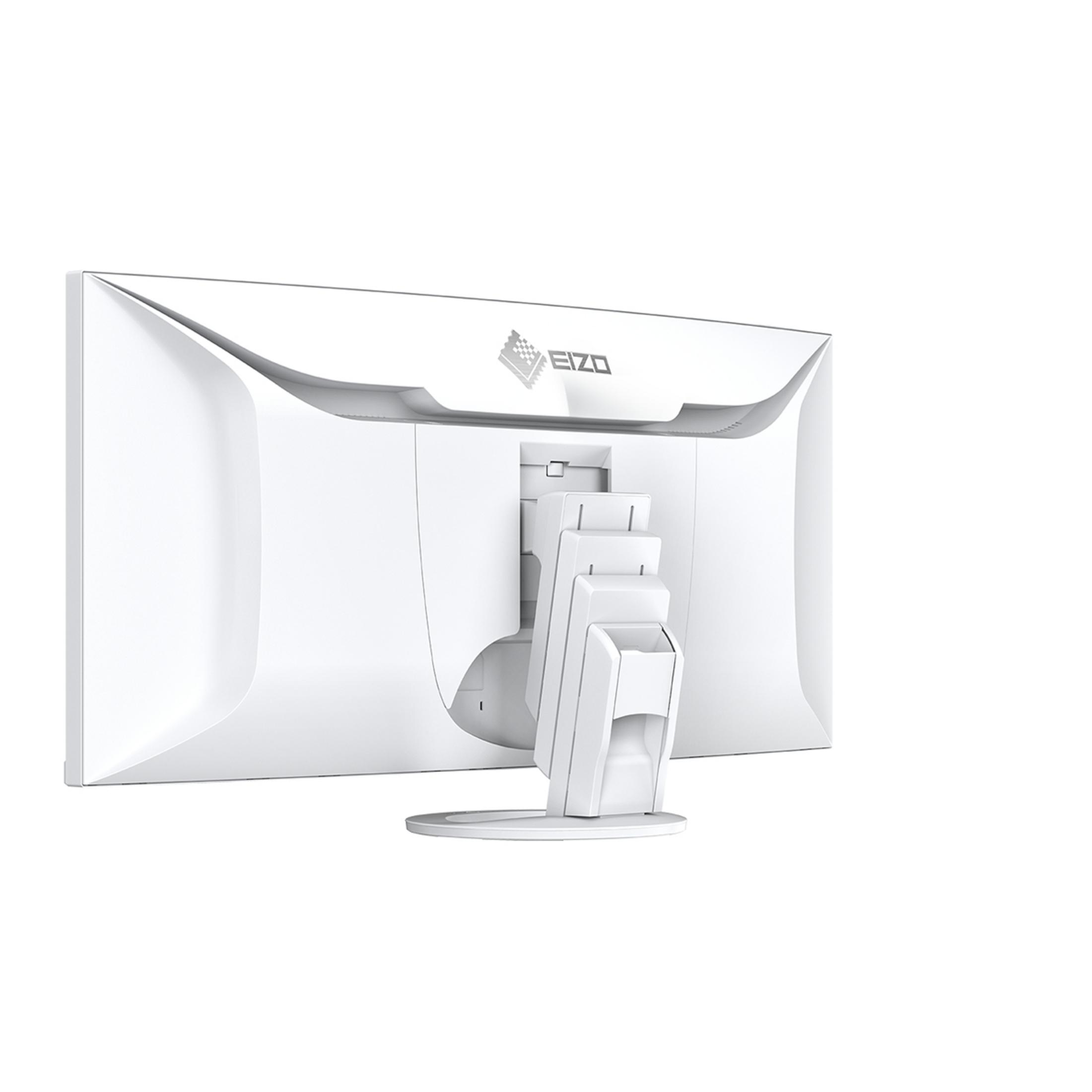 Widok z tyłu białego monitora komputerowego z regulowaną podstawką i logo EIZO na białym tle.