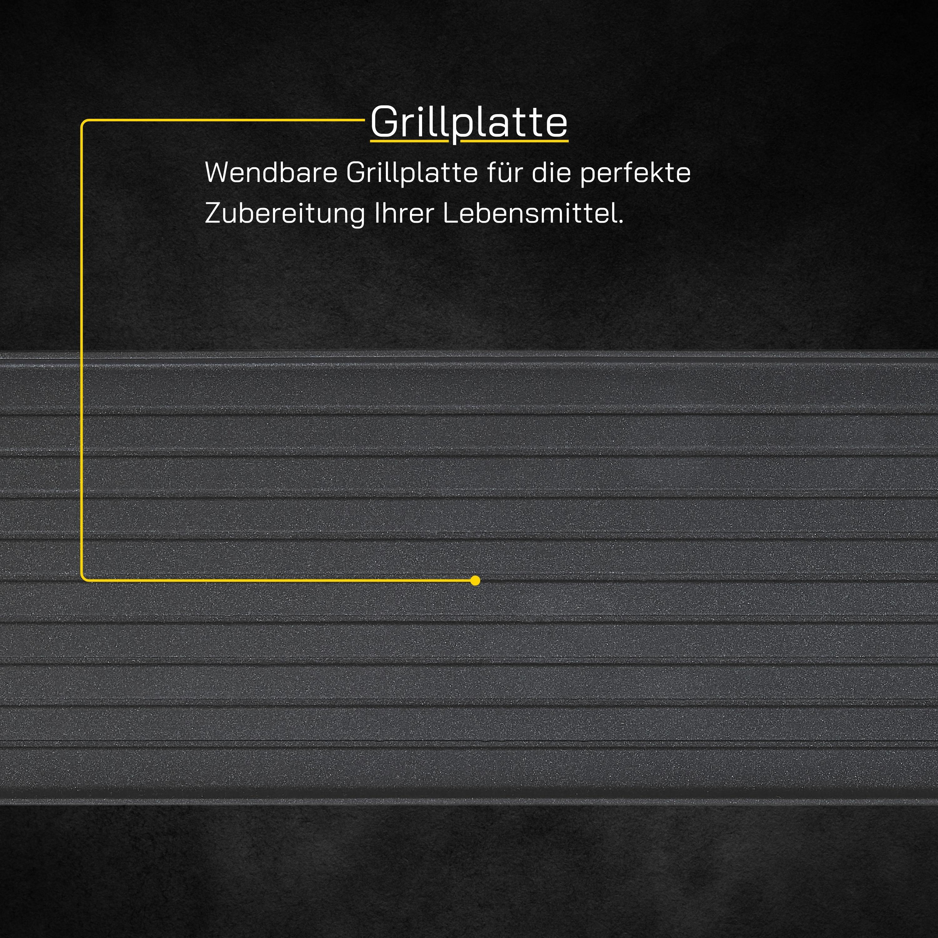 Nahaufnahme einer Grillplatte mit dem Text 'Grillplatte'. Die Platte ist schwarz und geriffelt.