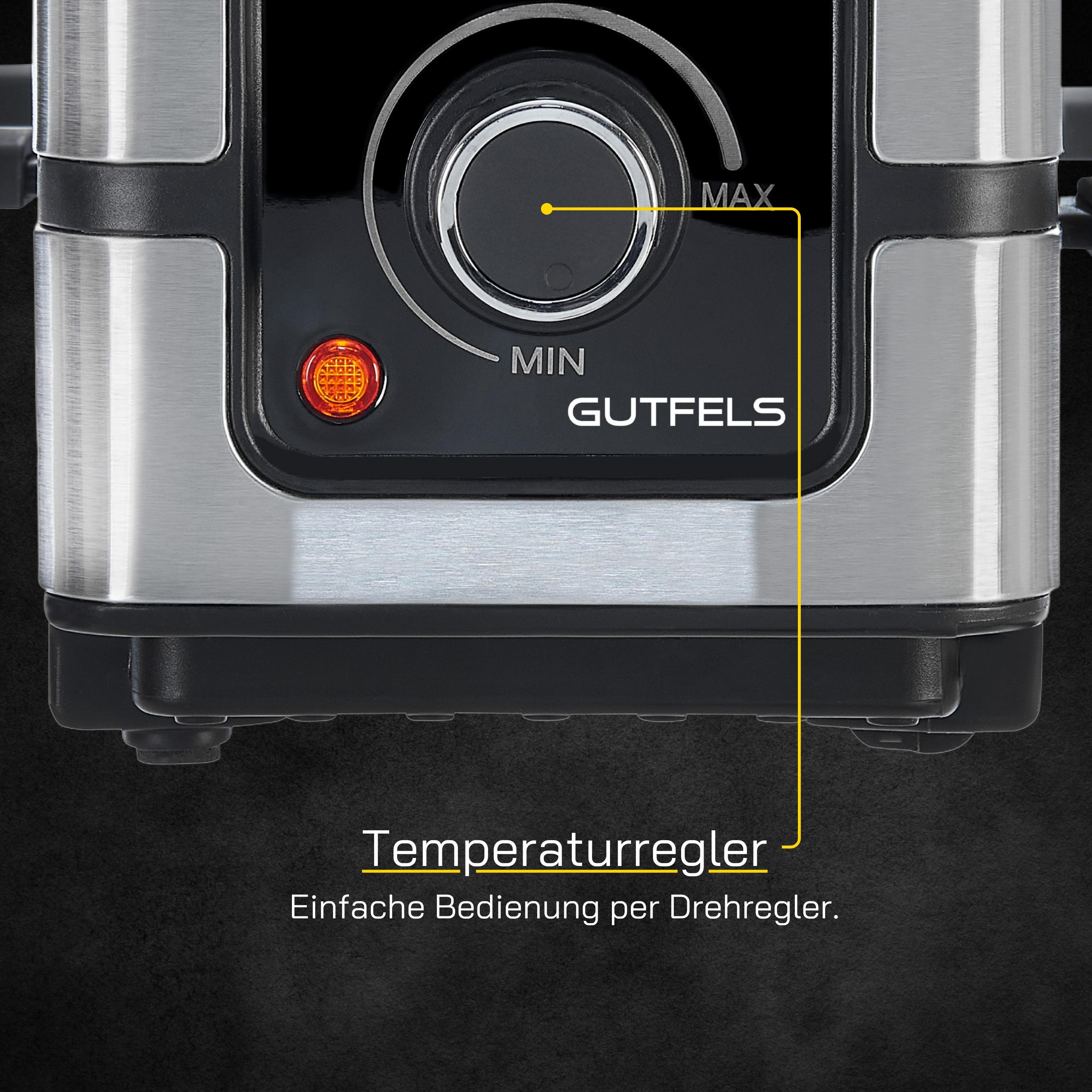 Nahaufnahme eines Küchengeräts mit Temperaturregler. Schwarz-Silber-Design.