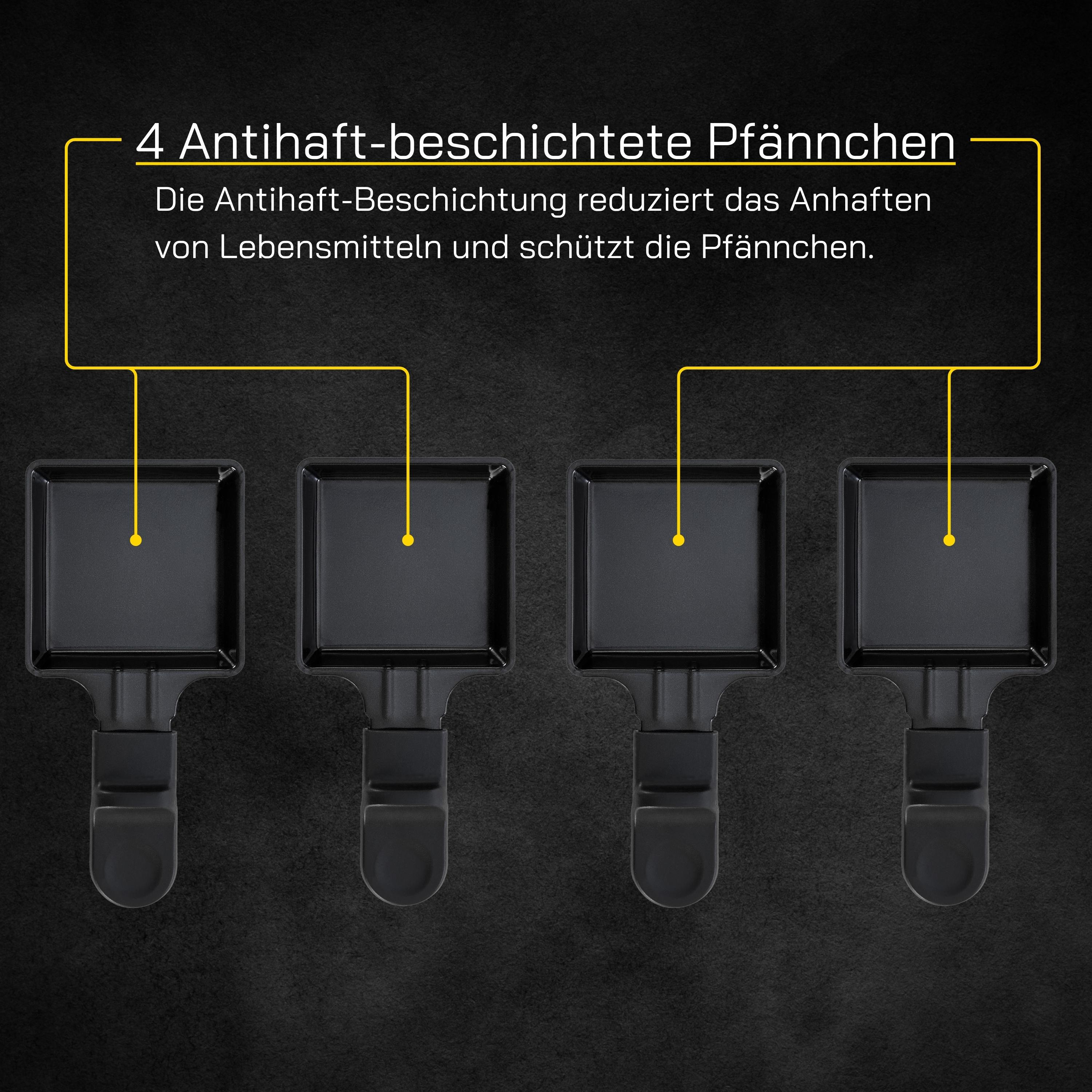 Vier schwarze Raclette-Pfannen vor dunklem Hintergrund. Details der Pfannen werden gezeigt.