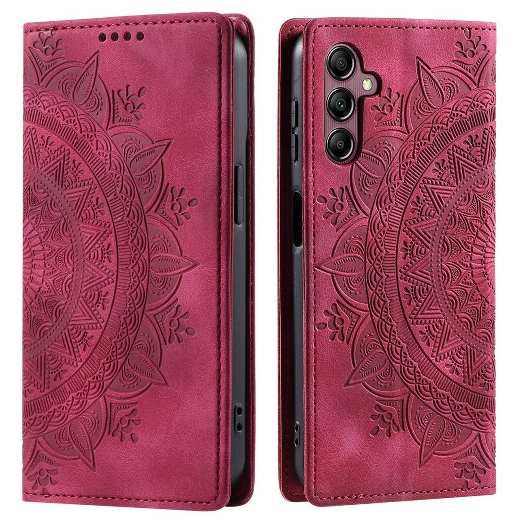 Burgunderfarbene Handyhülle, offen, mit Mandala-Design. Telefon auf der rechten Seite sichtbar.