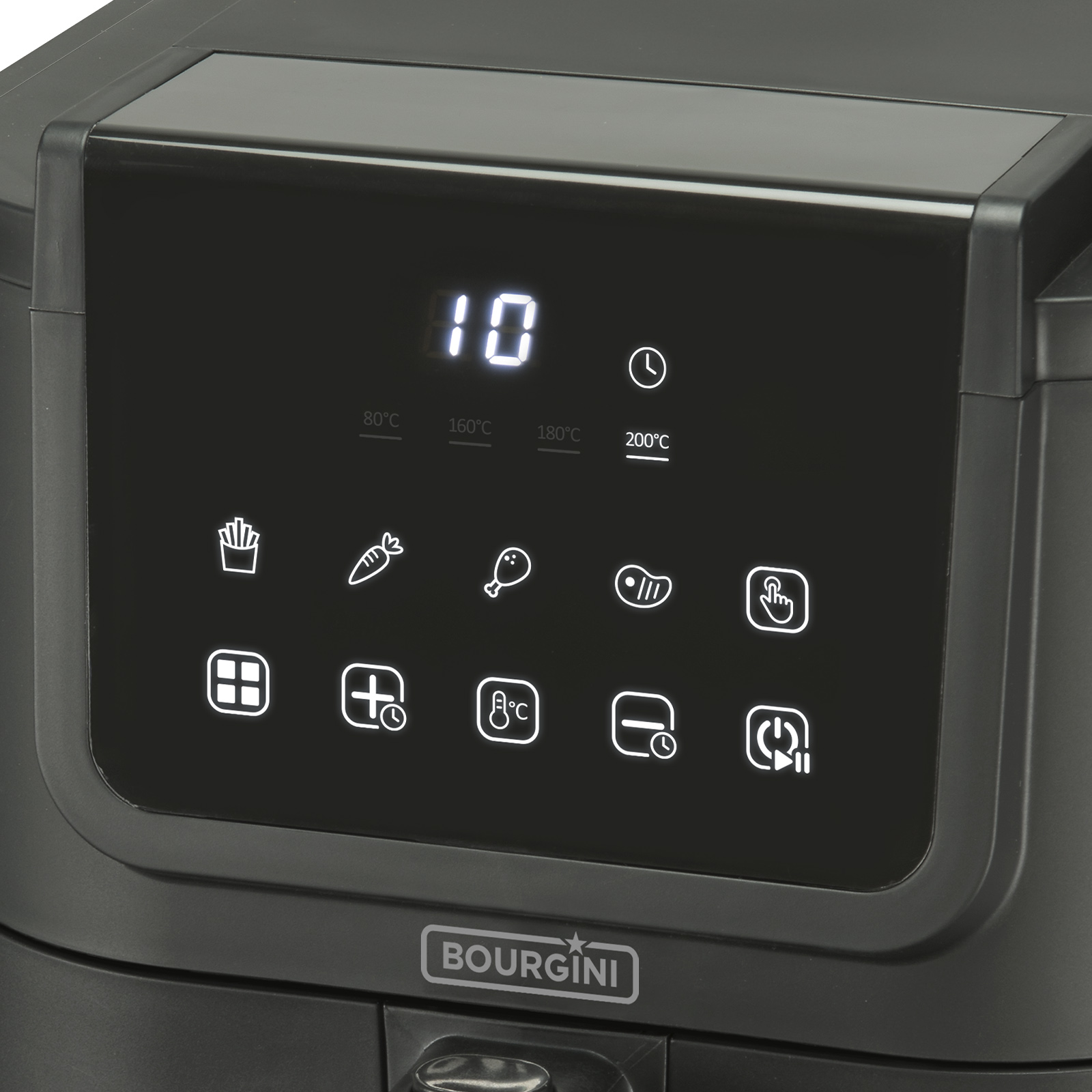 Panel sterowania czarnej frytkownicy powietrznej z wyświetlaczem pokazującym 10 i ustawieniami wstępnymi gotowania.