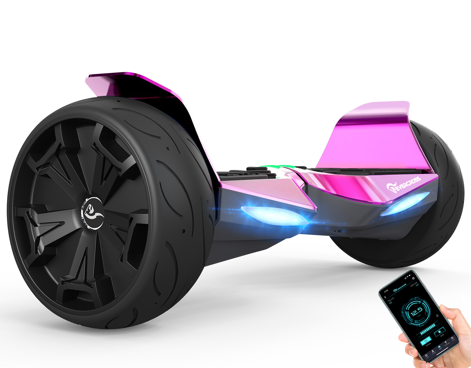 Hoverboard rosa con ruote nere, telefono con pannello di controllo in basso a destra.