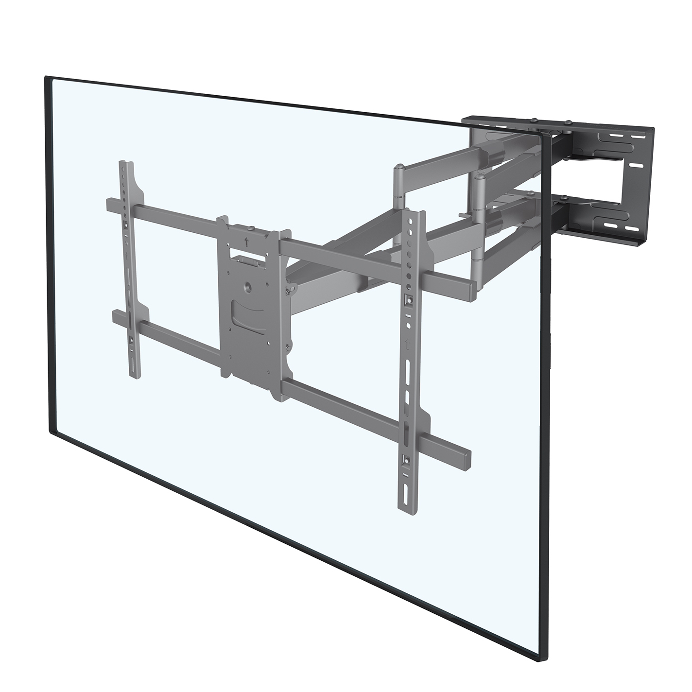Metall-TV-Wandhalterung. Es ist an einer durchsichtigen Glasscheibe montiert.