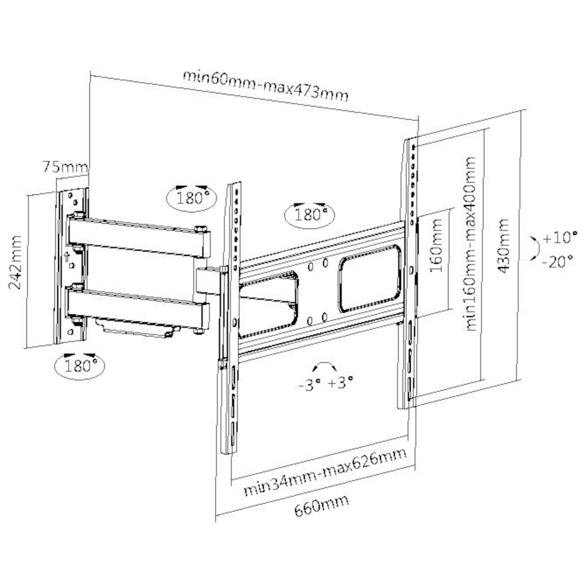 Wandhalterungsdiagramm mit Messungen, Abmessungen und Winkeln in einer technischen Zeichnung.