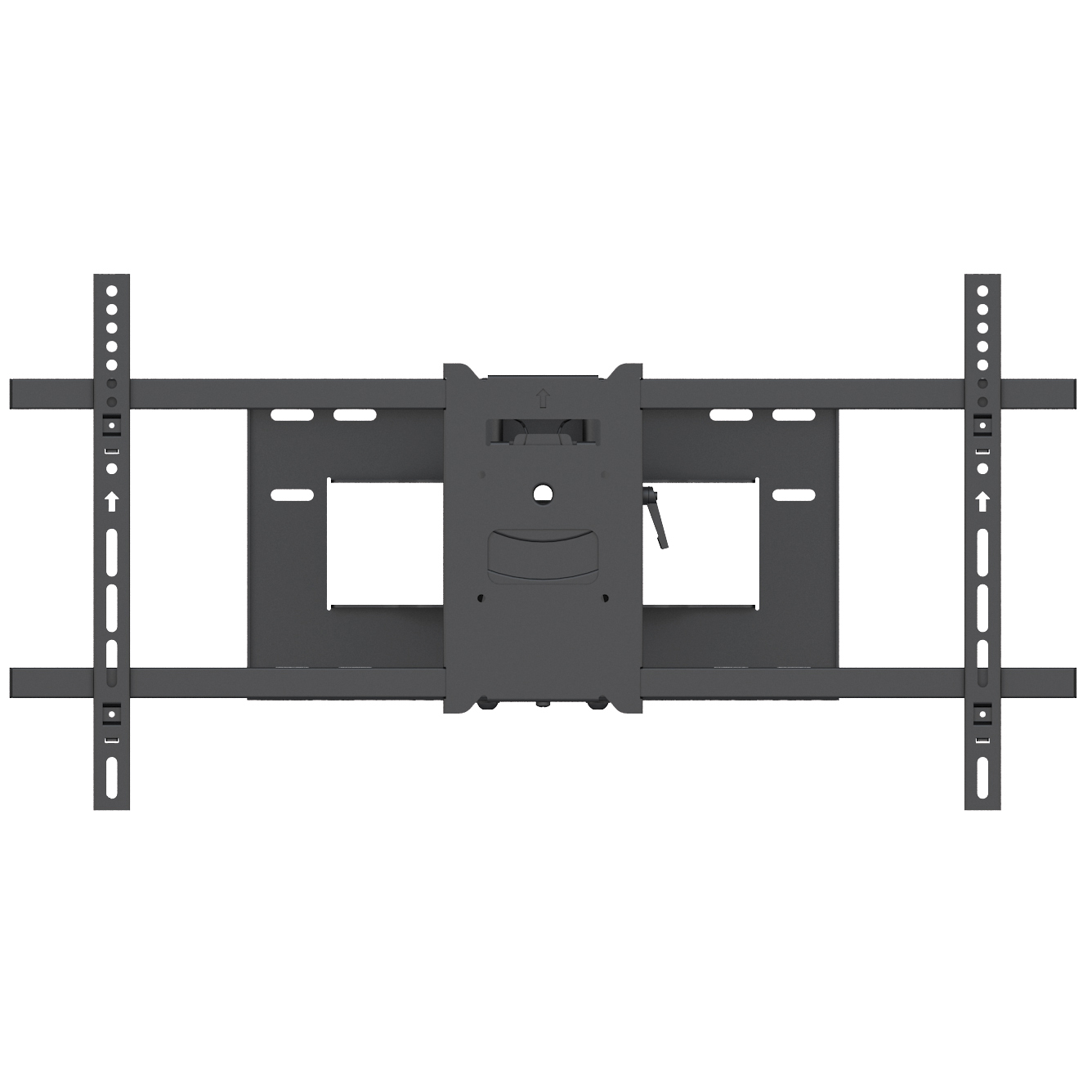 Eine flache, schwarze TV-Halterung zur Wandmontage eines Fernsehers. Es besteht aus Metall und hat mehrere Löcher.