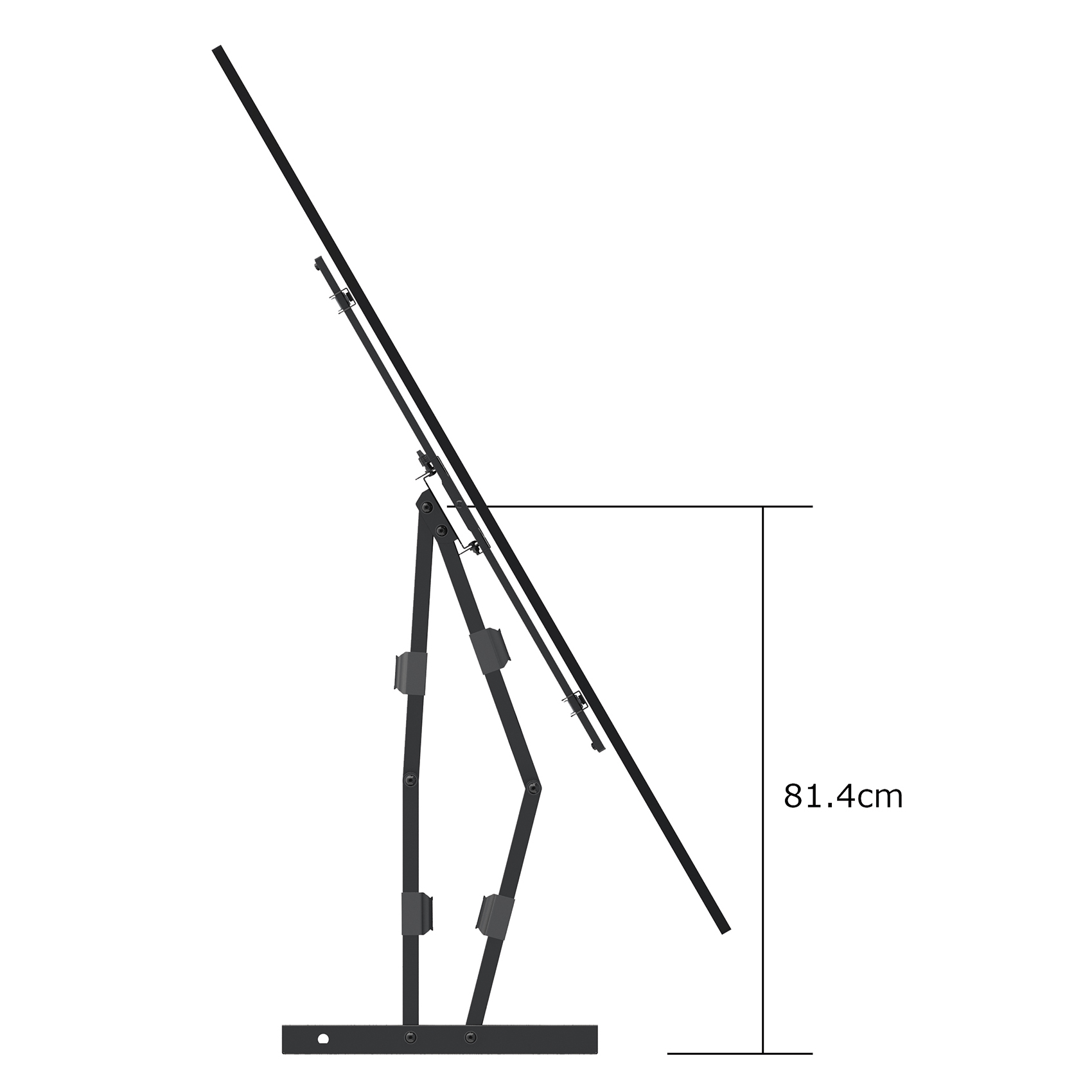 Ein schwarzer Monitorständer mit einer Höhenmessung von 81,4 cm, der eine abgewinkelte Stütze zeigt.