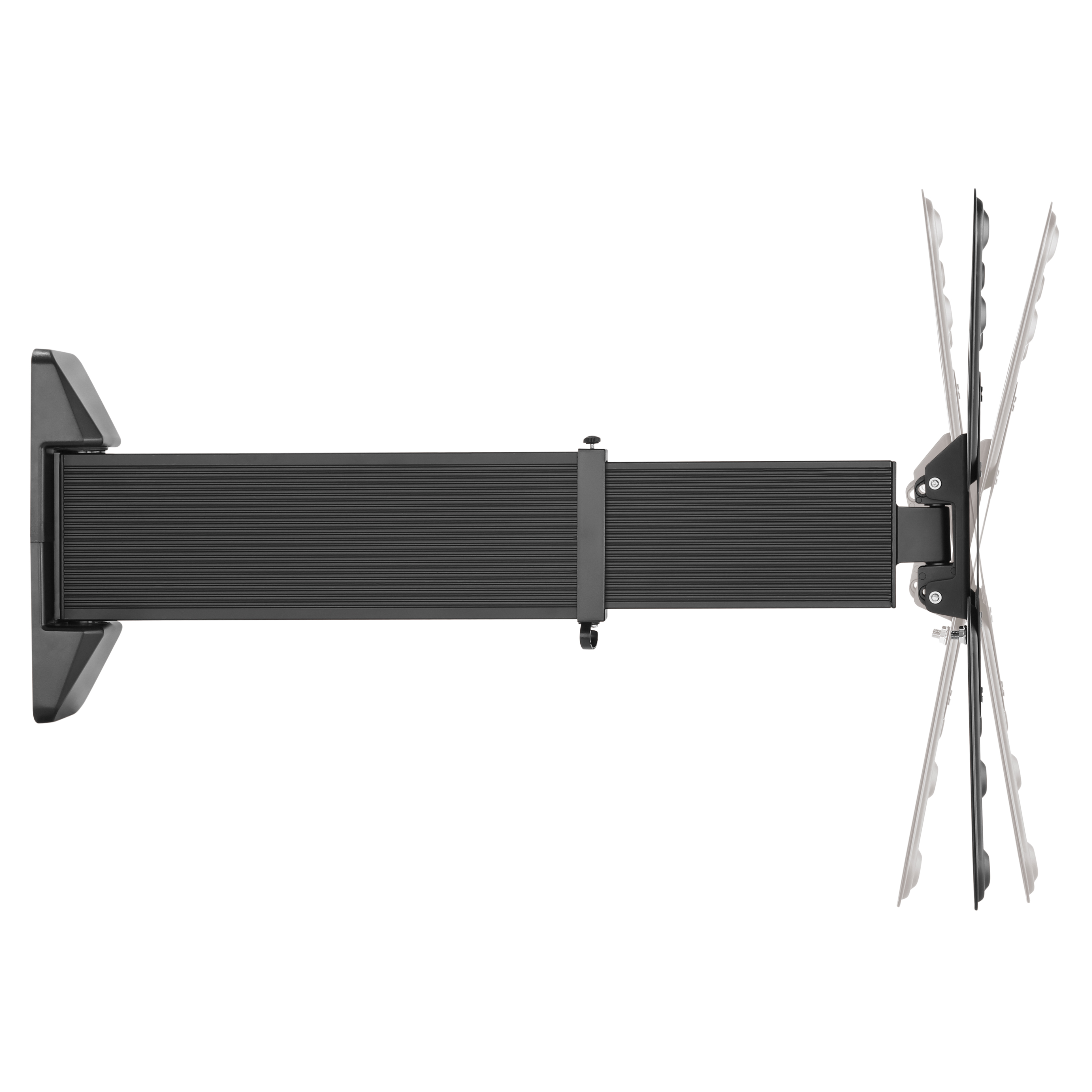Eine schwarze TV-Halterung, an einer weißen Wand montiert. Die Halterung ist ausgefahren und hält einen Fernseher.