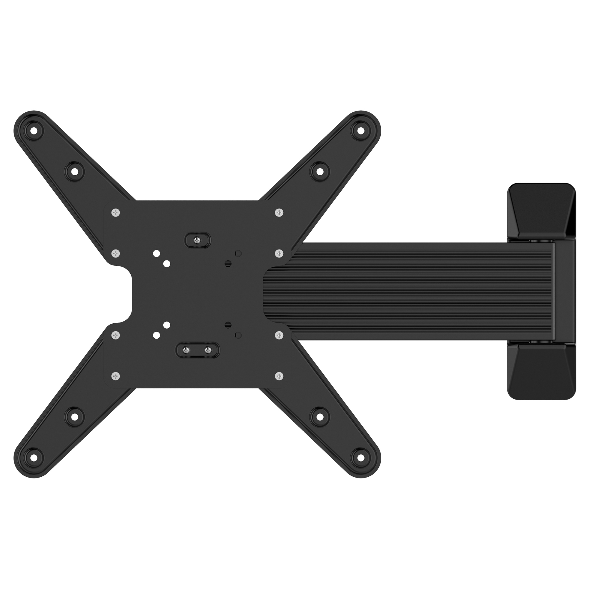 Schwarze, X-förmige TV-Halterung mit horizontalem Arm. Für Wandmontage konzipiert, Draufsicht.