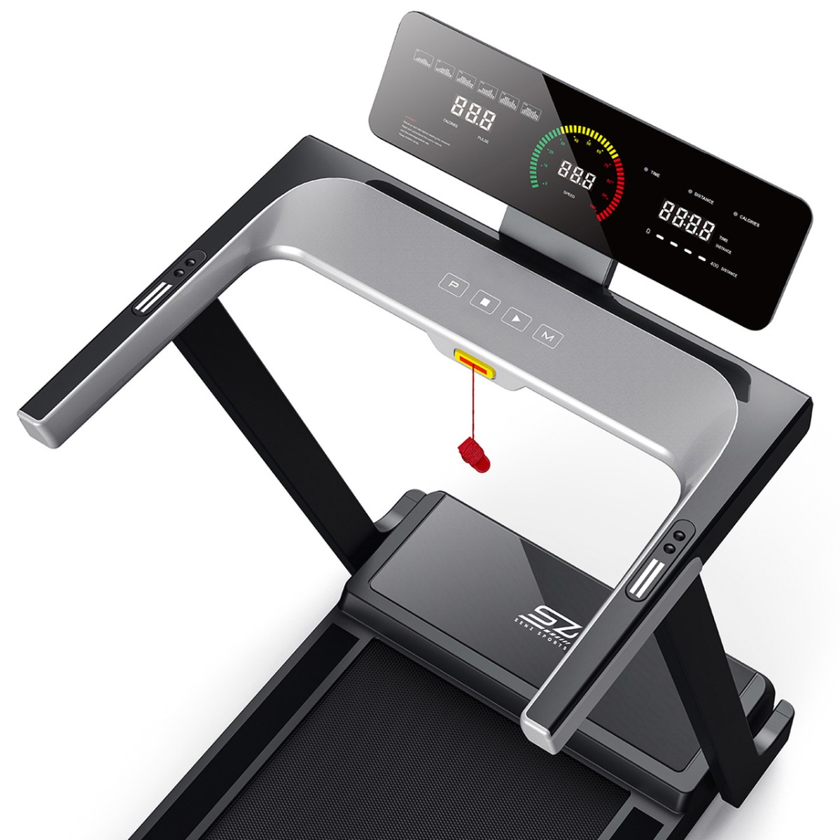 A treadmill with a digital display showing metrics. It has a safety key and handrails.