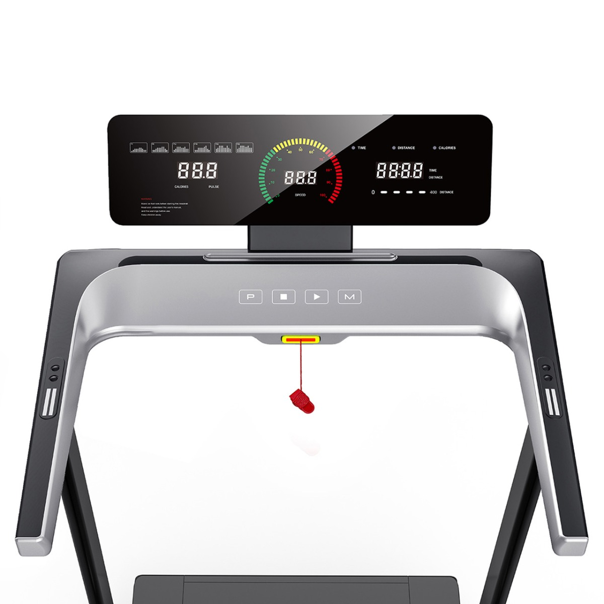 Treadmill console showing speed, time, and distance, with a red safety key.