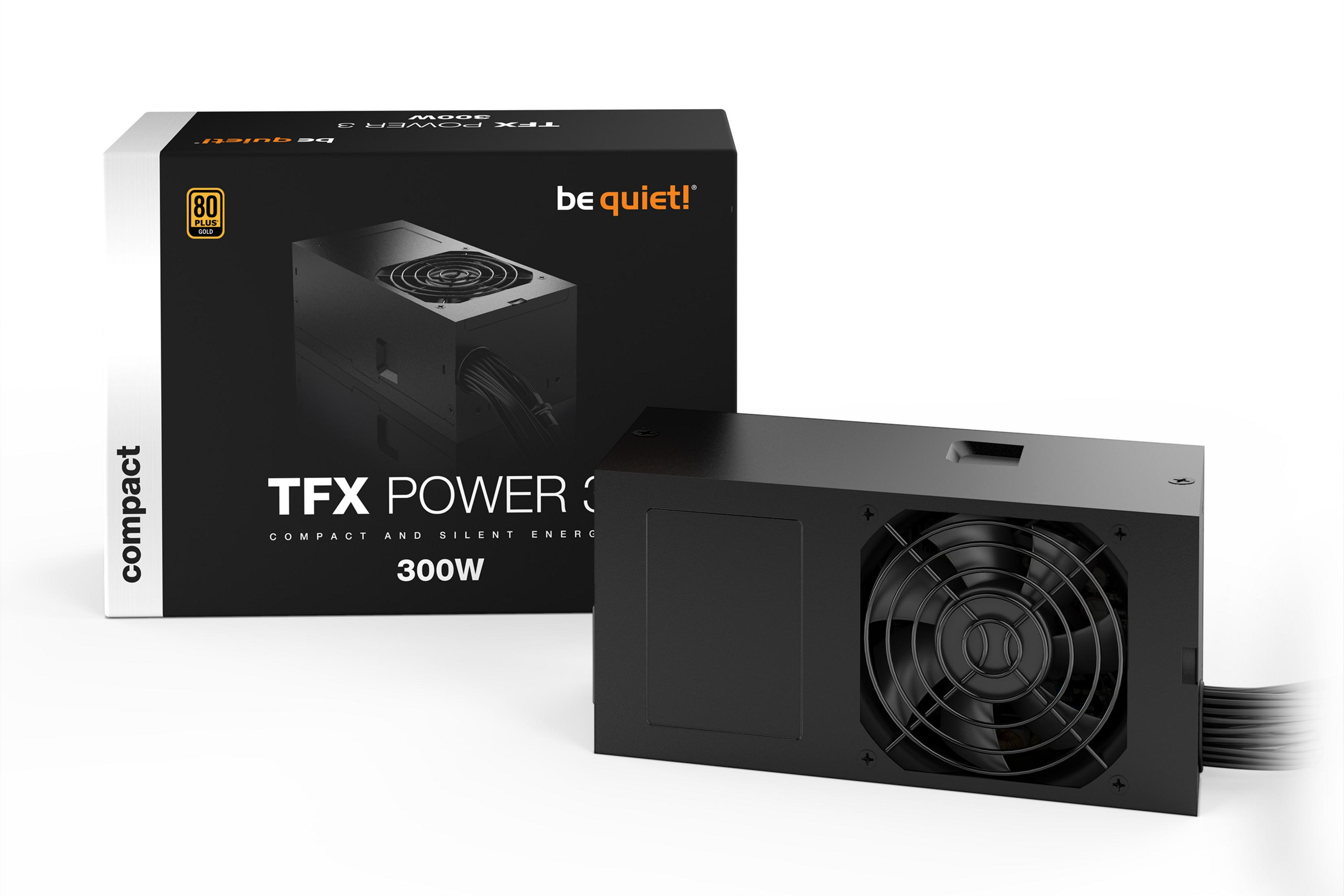 Czarny zasilacz be quiet! TFX Power 300W z pudełkiem. Czarny wentylator i czarne pudełko.
