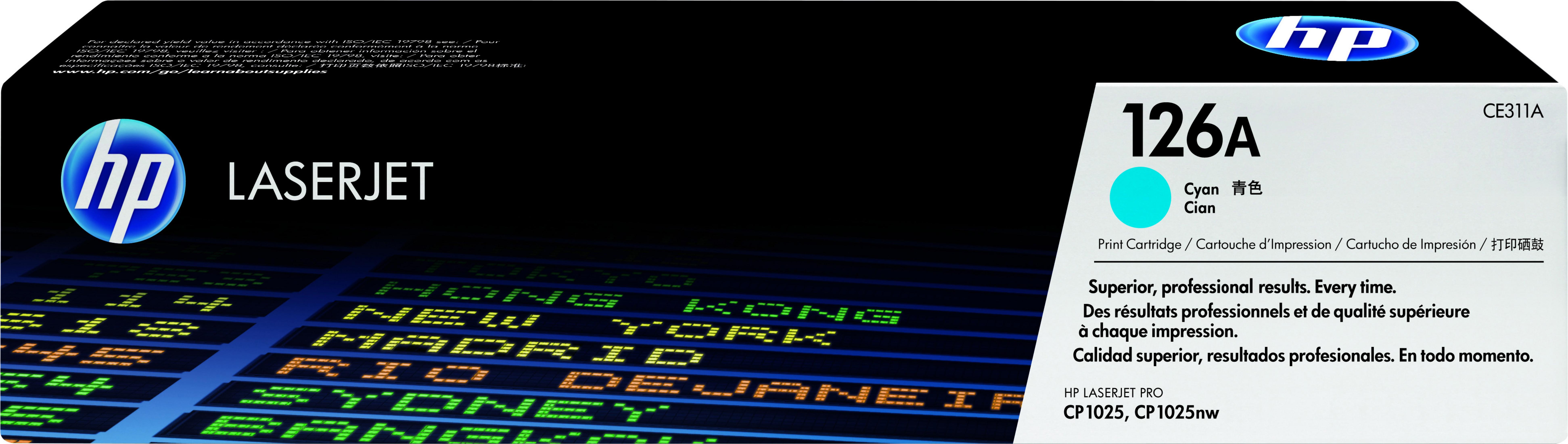 Tusz HP LaserJet Cyan 126A z logo HP i nazwami miast.