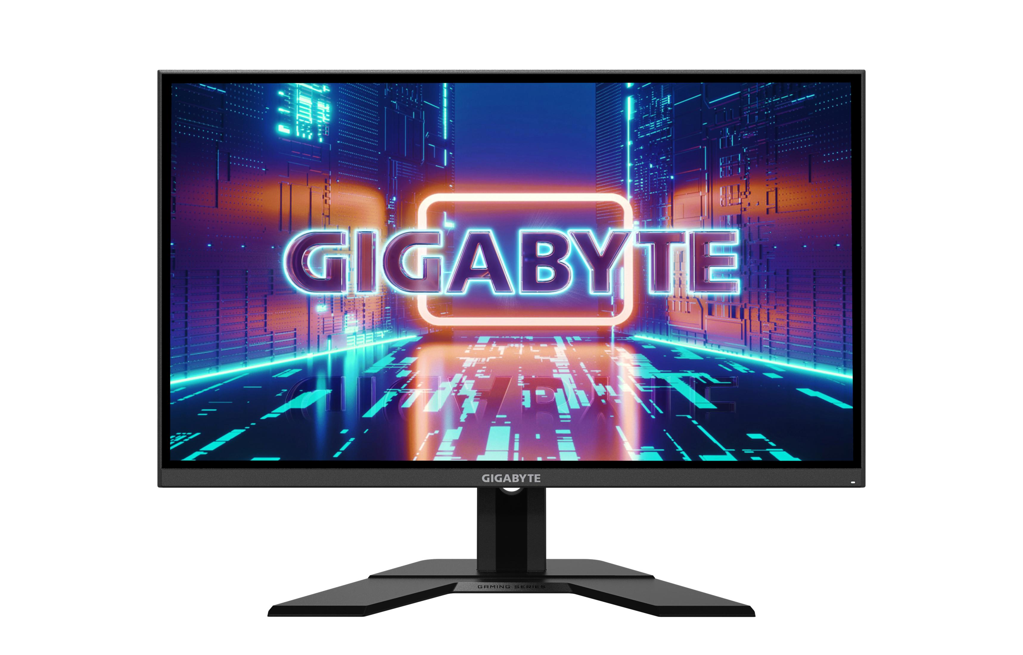 Schwarzer Gigabyte-Monitor mit Logo vor blauem Hintergrund mit Linien. Weißer Hintergrund.