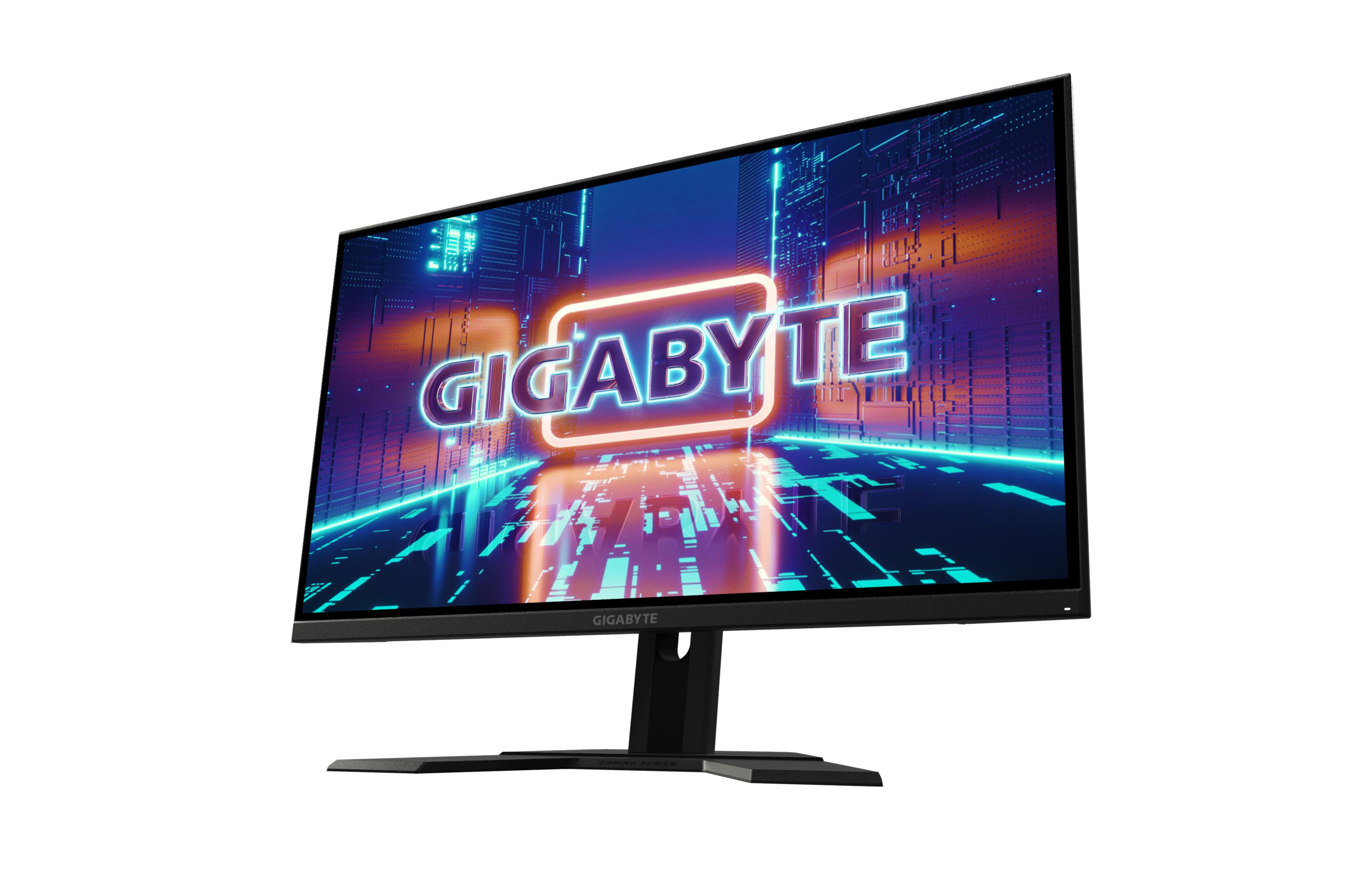 Gigabyte-Monitor. Schwarzer Rahmen, Neoneffekt auf dem Bildschirm. Gigabyte-Logo in der Mitte.