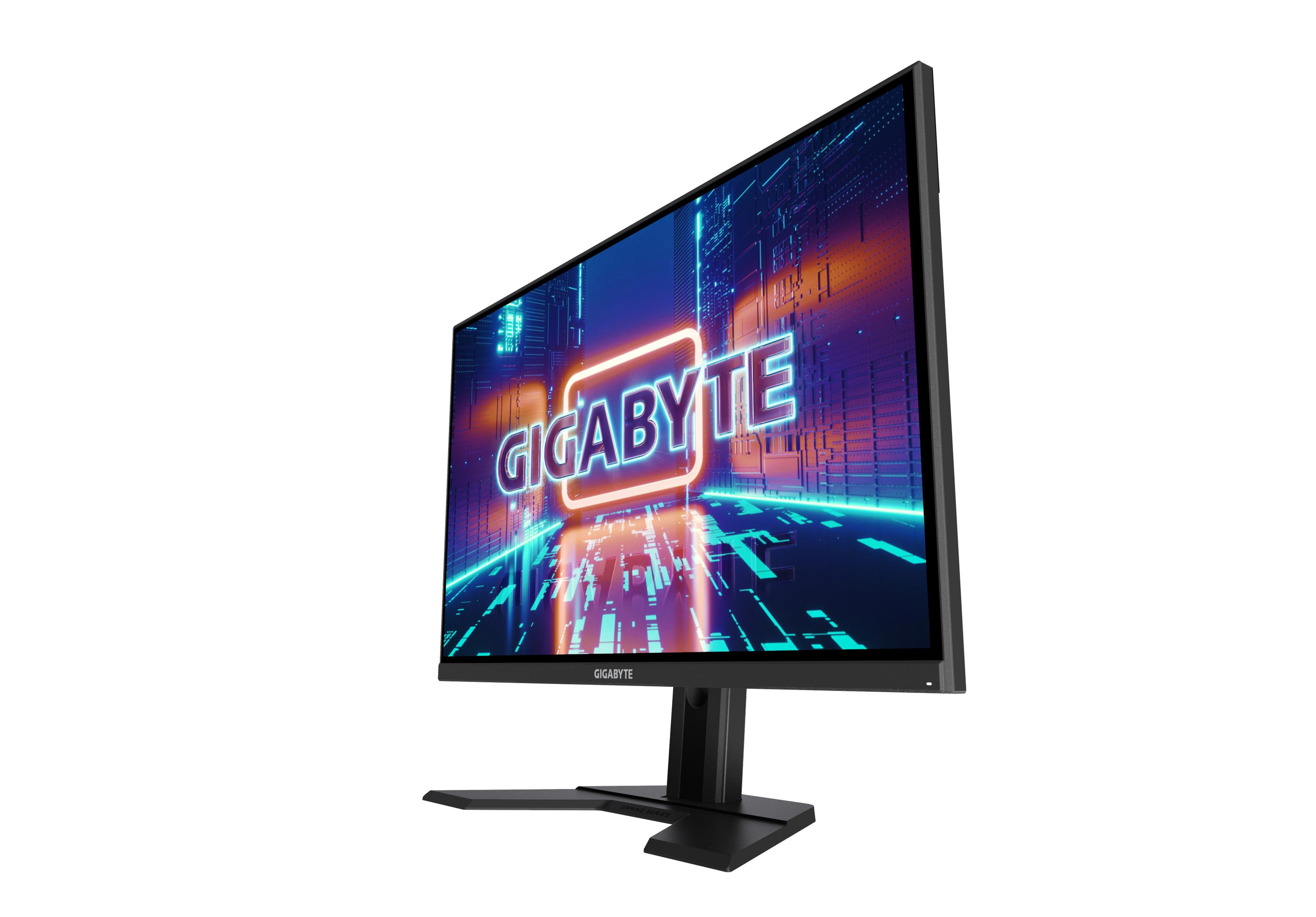 Ein Computermonitor mit dem Wort 'GIGABYTE' auf dem Bildschirm, vor einem blau-orangen Hintergrund.