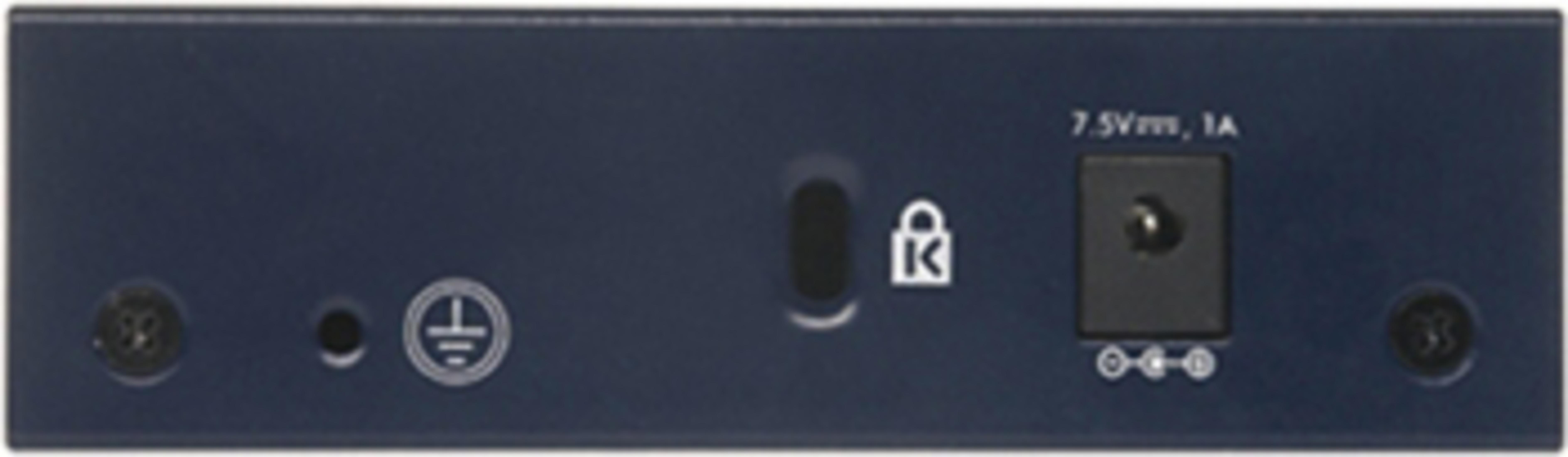 Tył niebieskiego i czarnego urządzenia, z wejściem zasilania, symbolem uziemienia i blokadą.