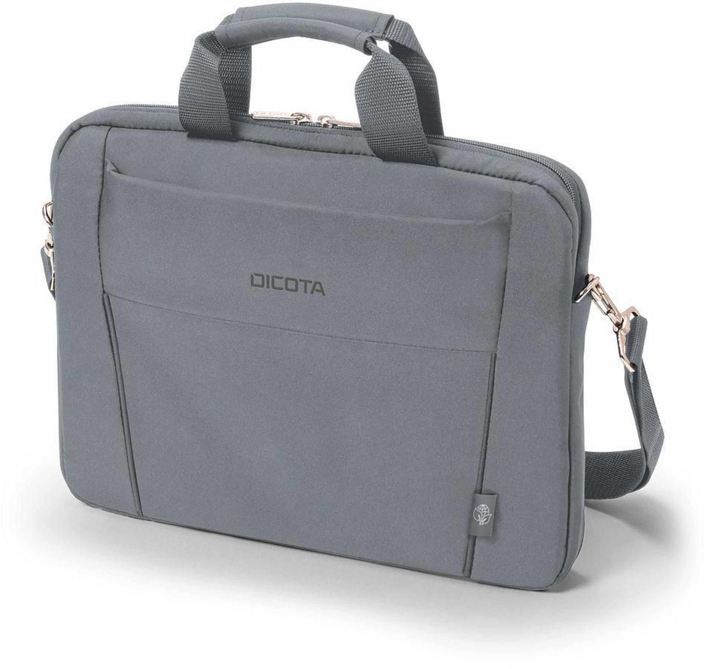 Borsa grigia per laptop con maniglia e tracolla. 'DICOTA' stampato.