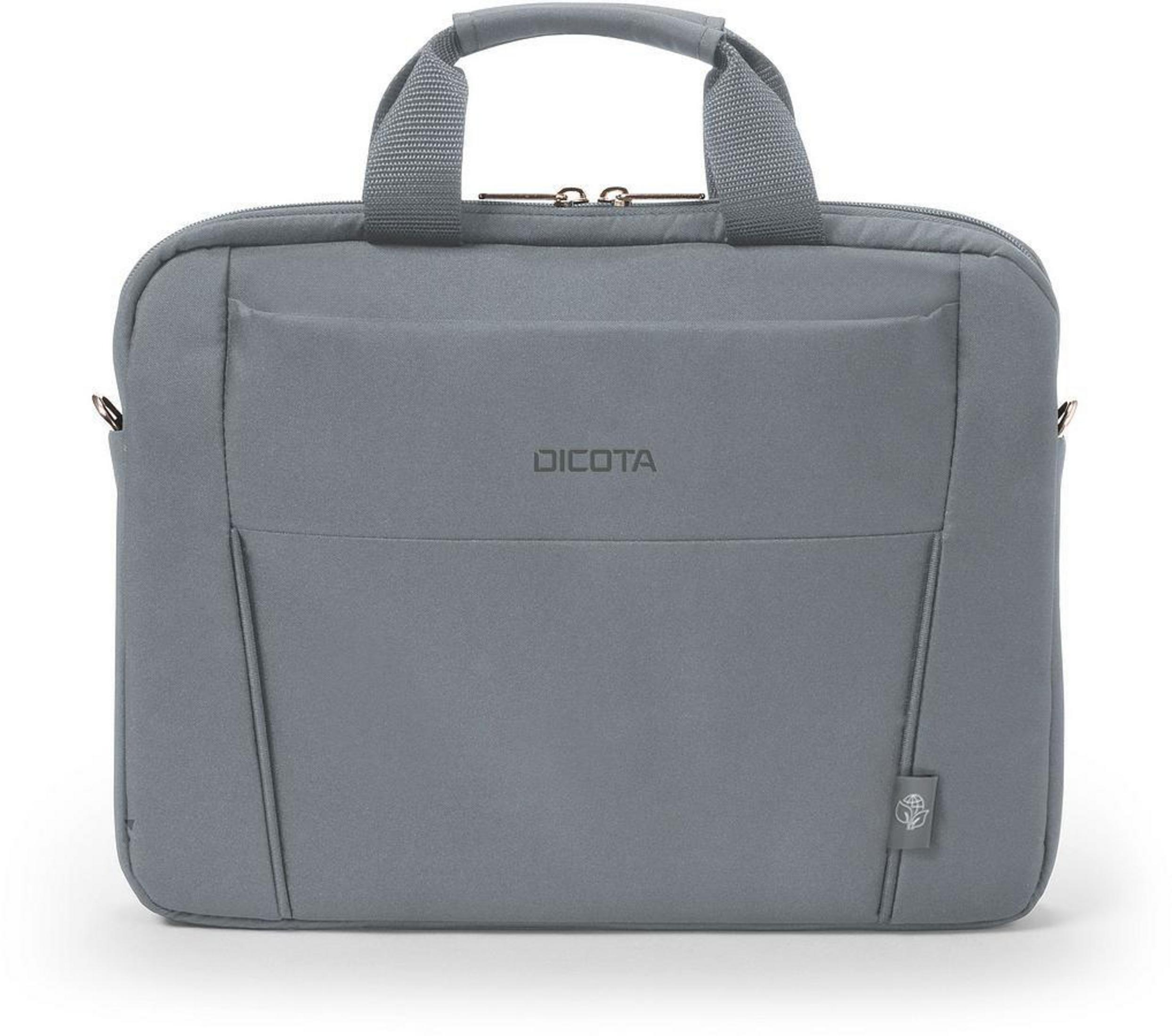 Una borsa grigia per laptop con il marchio Dicota sul davanti.