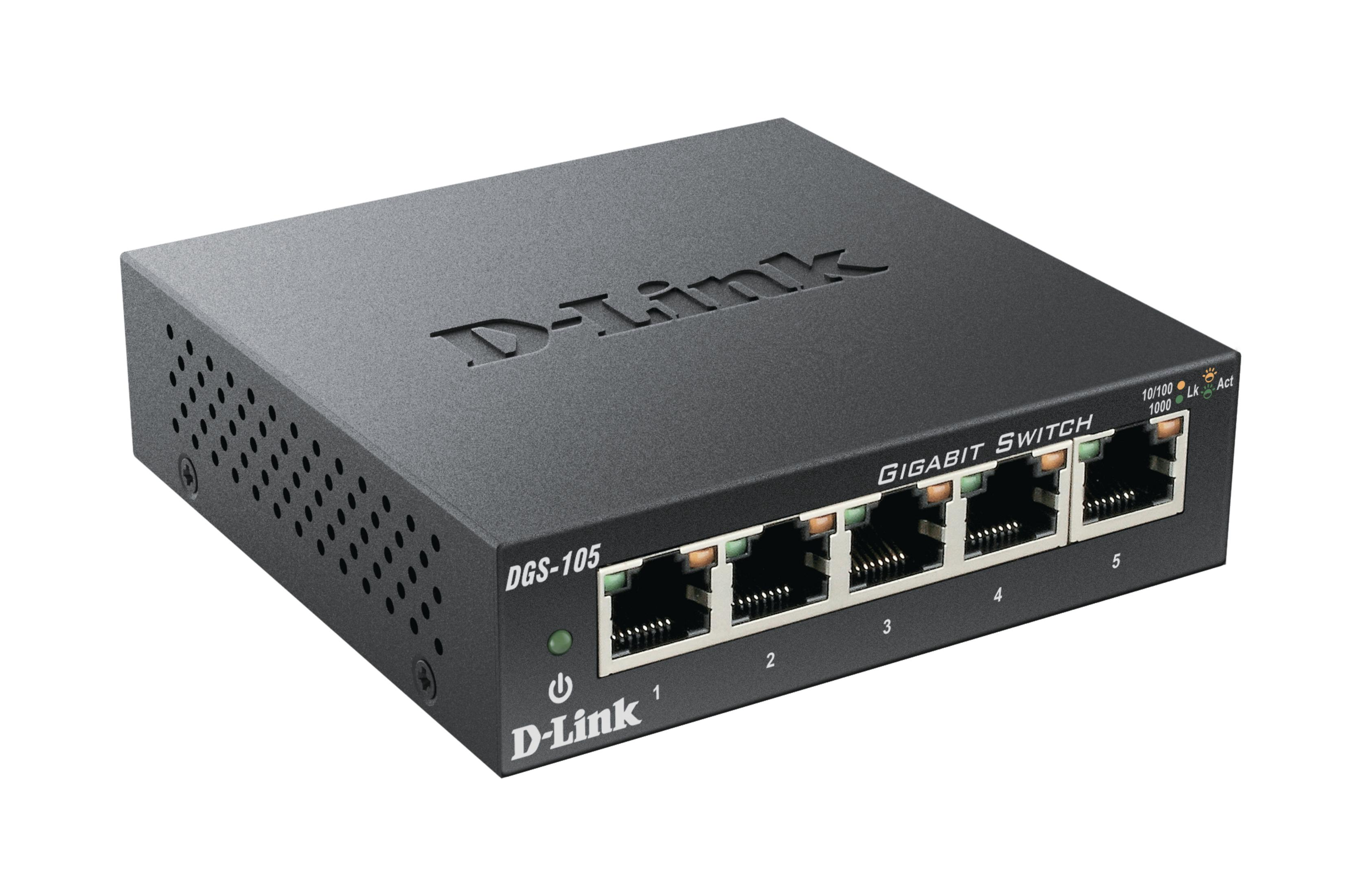 Uno switch Gigabit D-Link nero con 5 porte, etichettato DGS-105, su sfondo bianco.