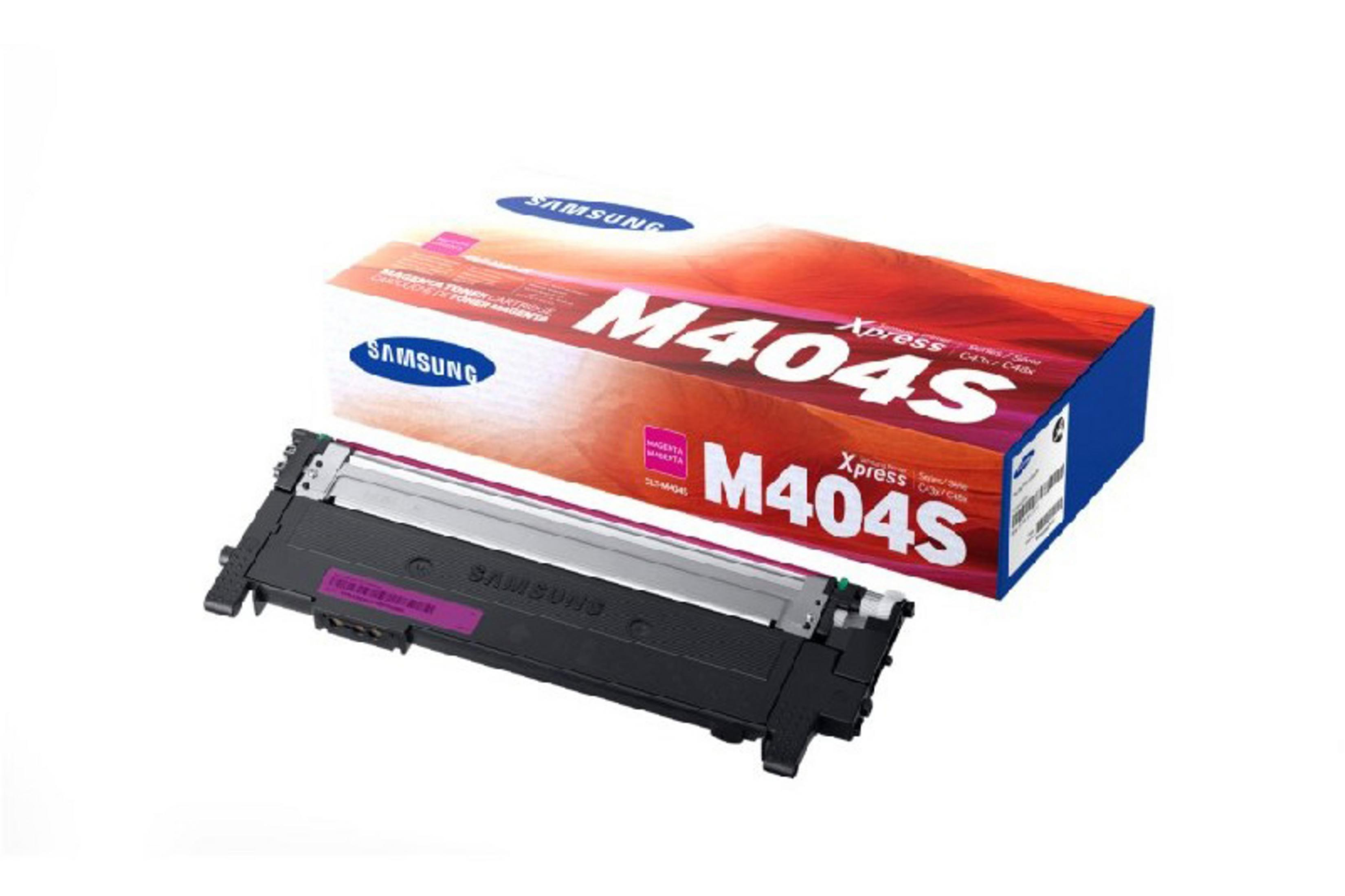 Cartuccia toner Samsung M404S e la sua scatola, sfondo bianco, colore inchiostro magenta visibile.