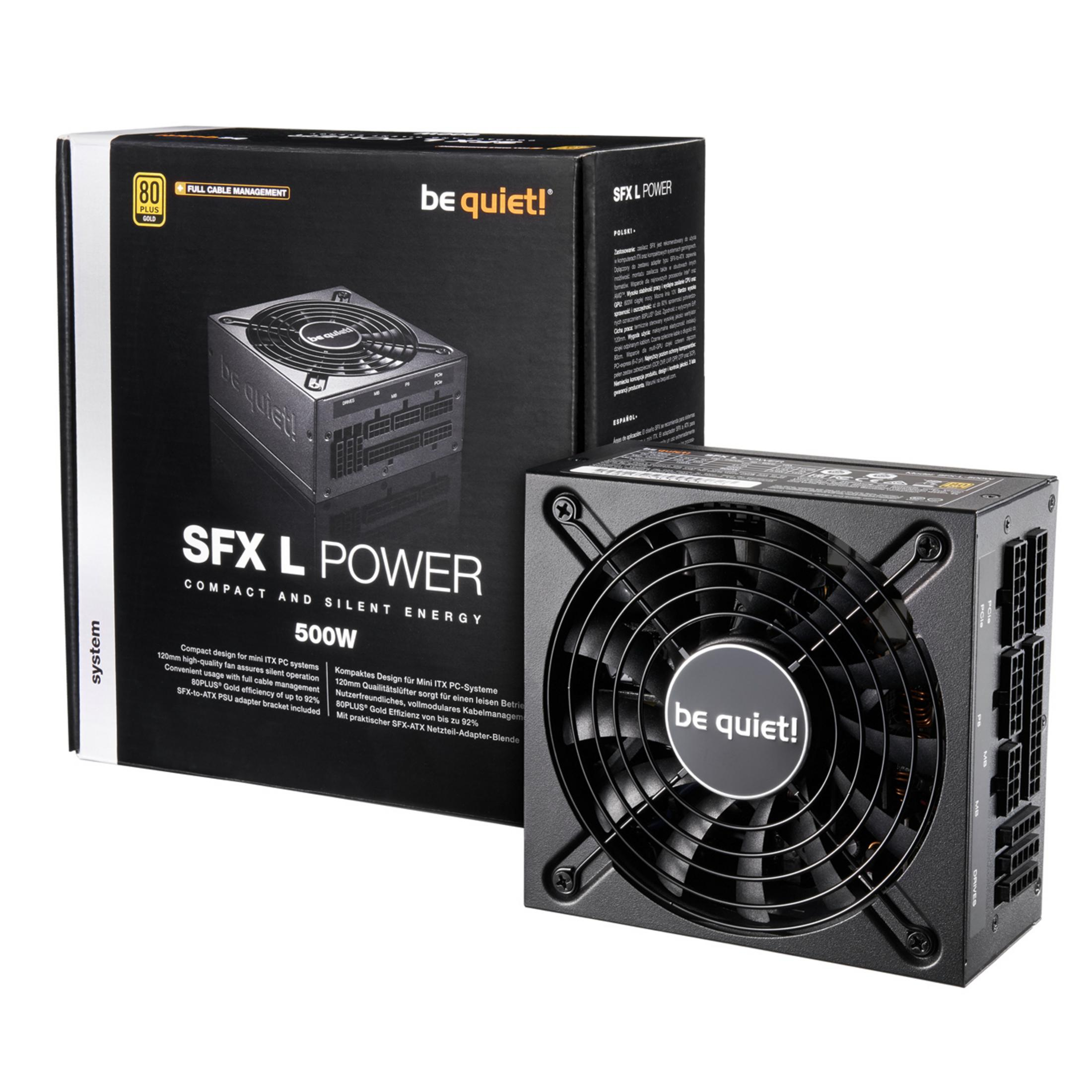 Alimentatore nero con una ventola grande, dentro una scatola con testo. SFX L POWER 500W.