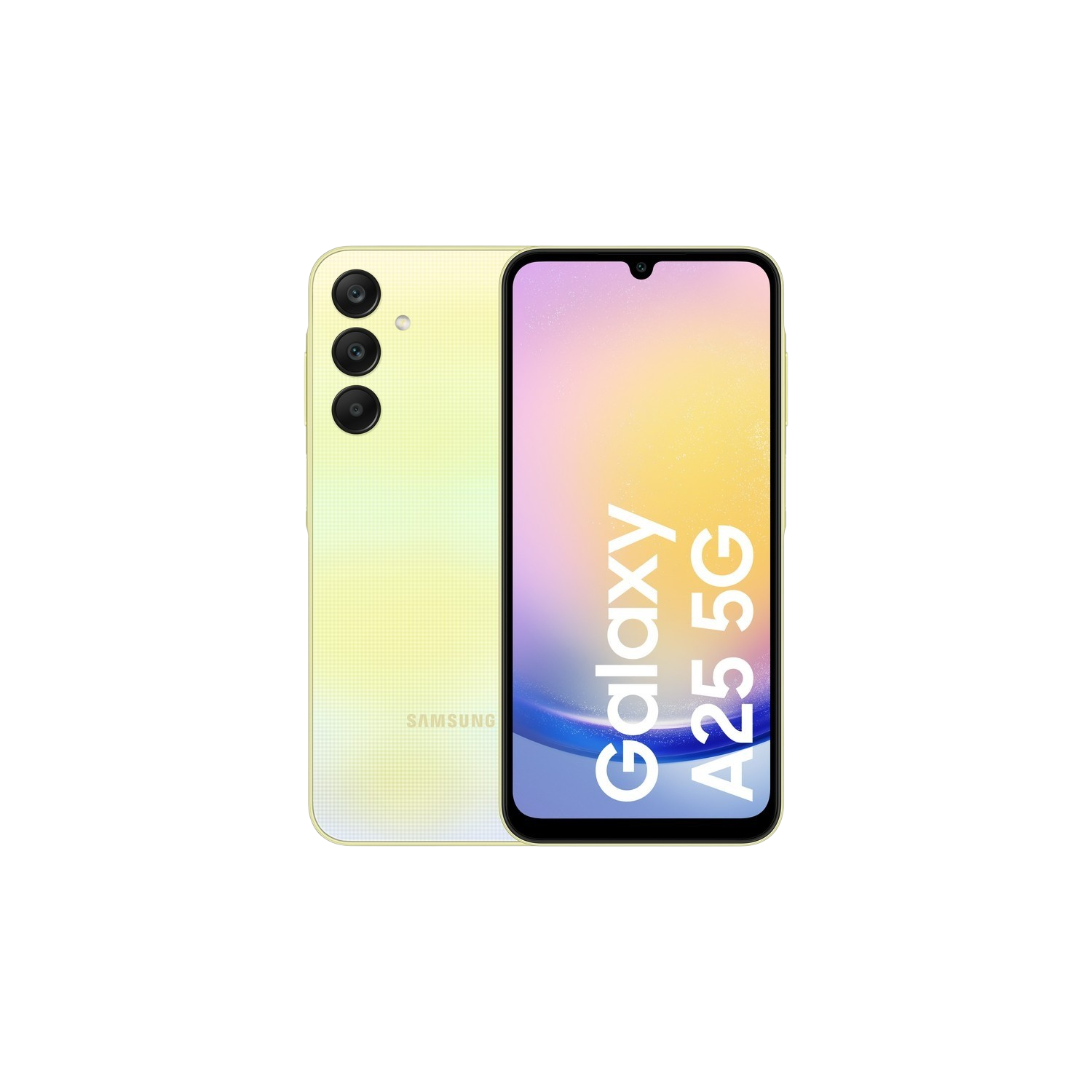 Gelbes Samsung Galaxy A25 5G-Telefon, Rück- und Vorderansicht. Schwarzer Hintergrund.