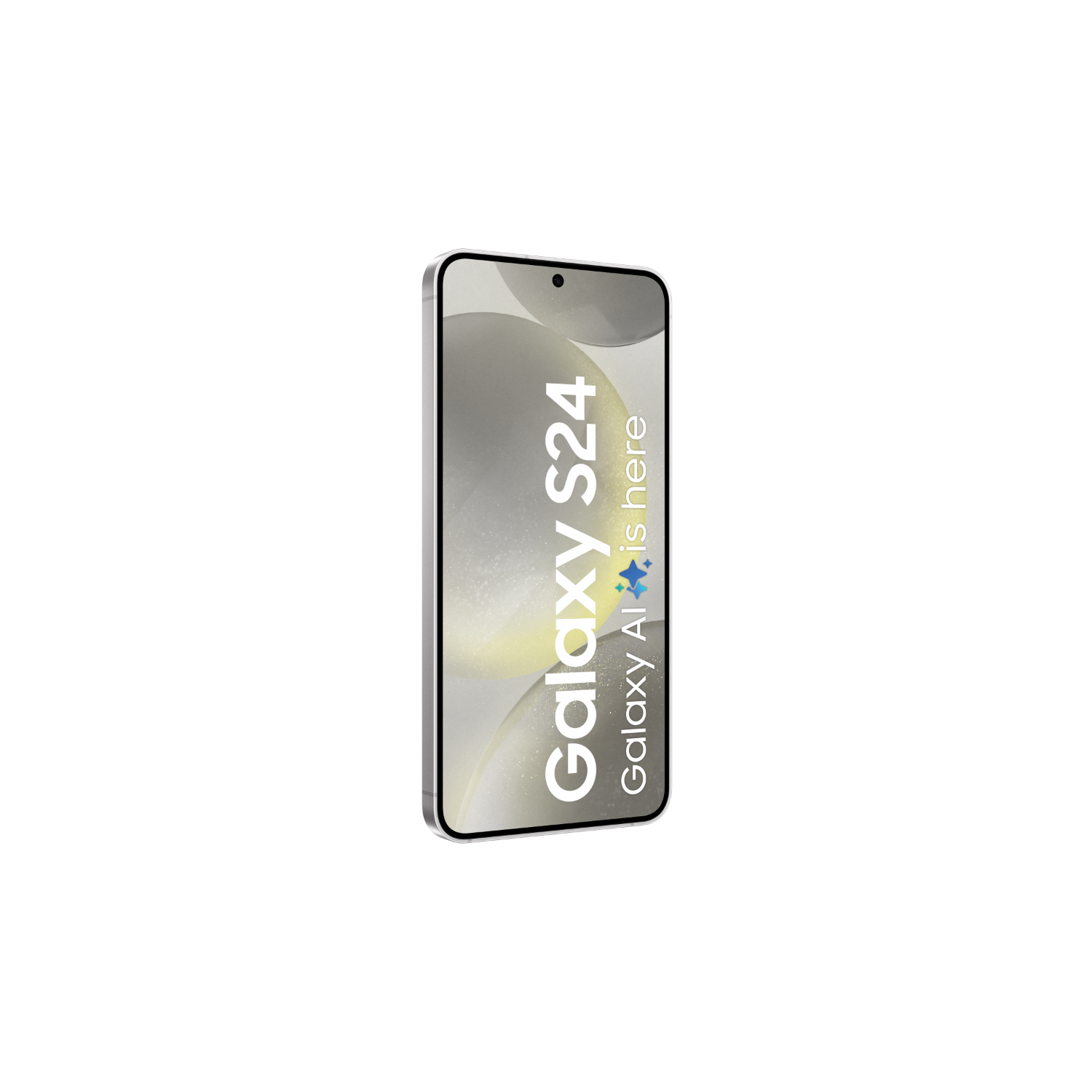 Srebrny telefon Galaxy S24 na czarnym tle. Ekran wyświetla "Galaxy S24" i "Galaxy AI is here".