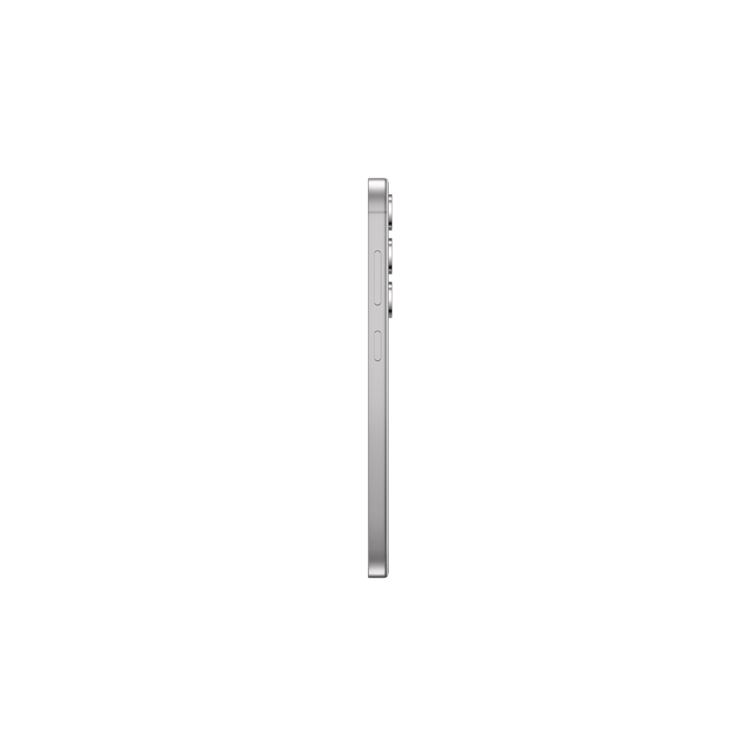 Srebrny widok z boku smartfona, z przyciskami i aparatem, czarne tło.