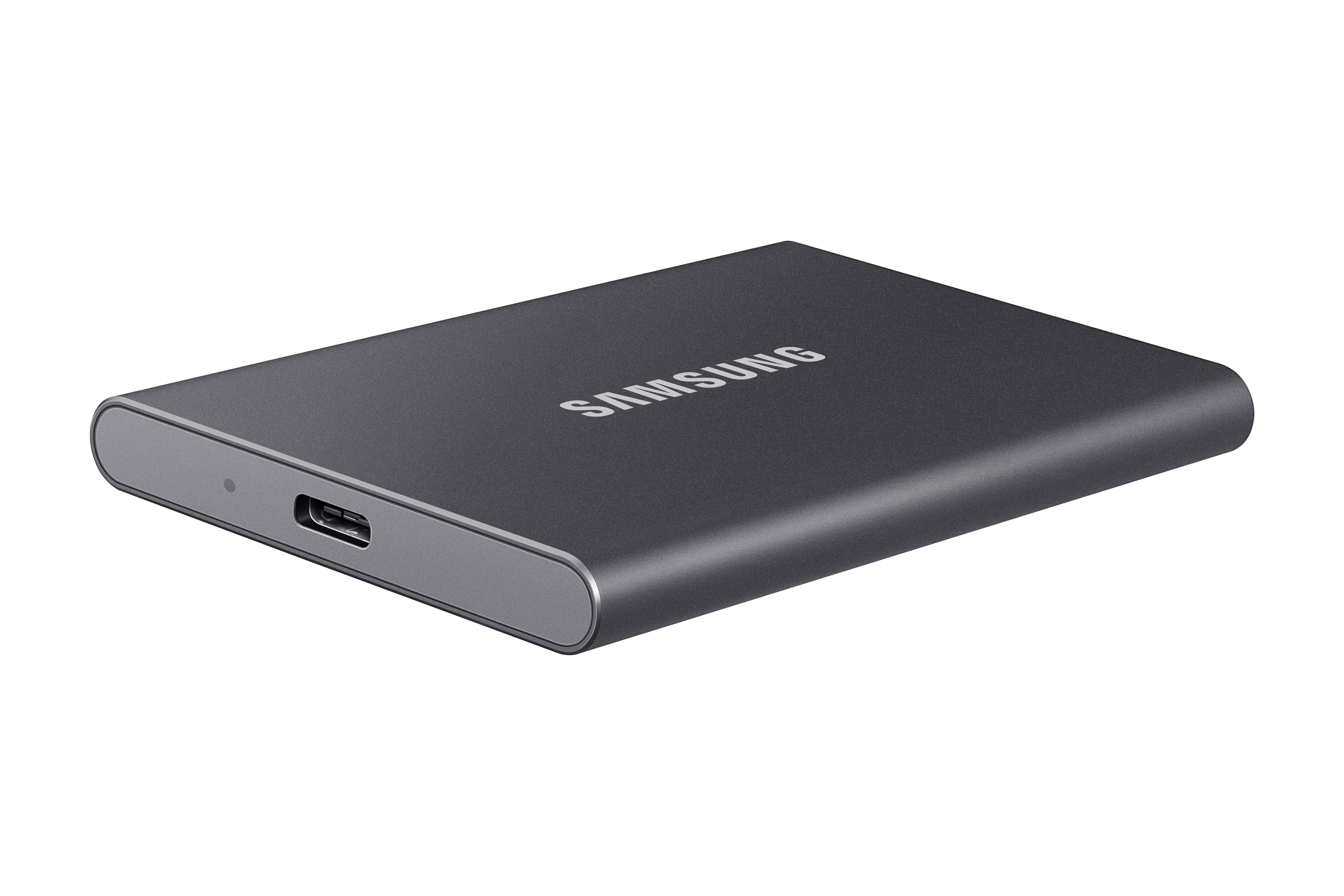Eine dunkelgraue externe Samsung SSD, Draufsicht. Es hat das Samsung-Logo und einen USB-C-Anschluss.