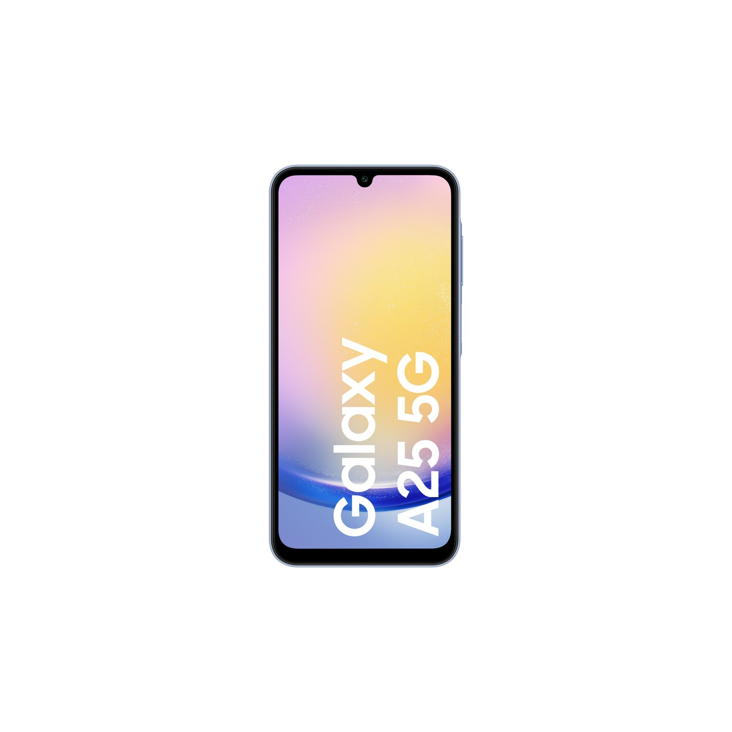 Smartfon Samsung Galaxy A25 5G, wyświetlający swój ekran na białym tle.