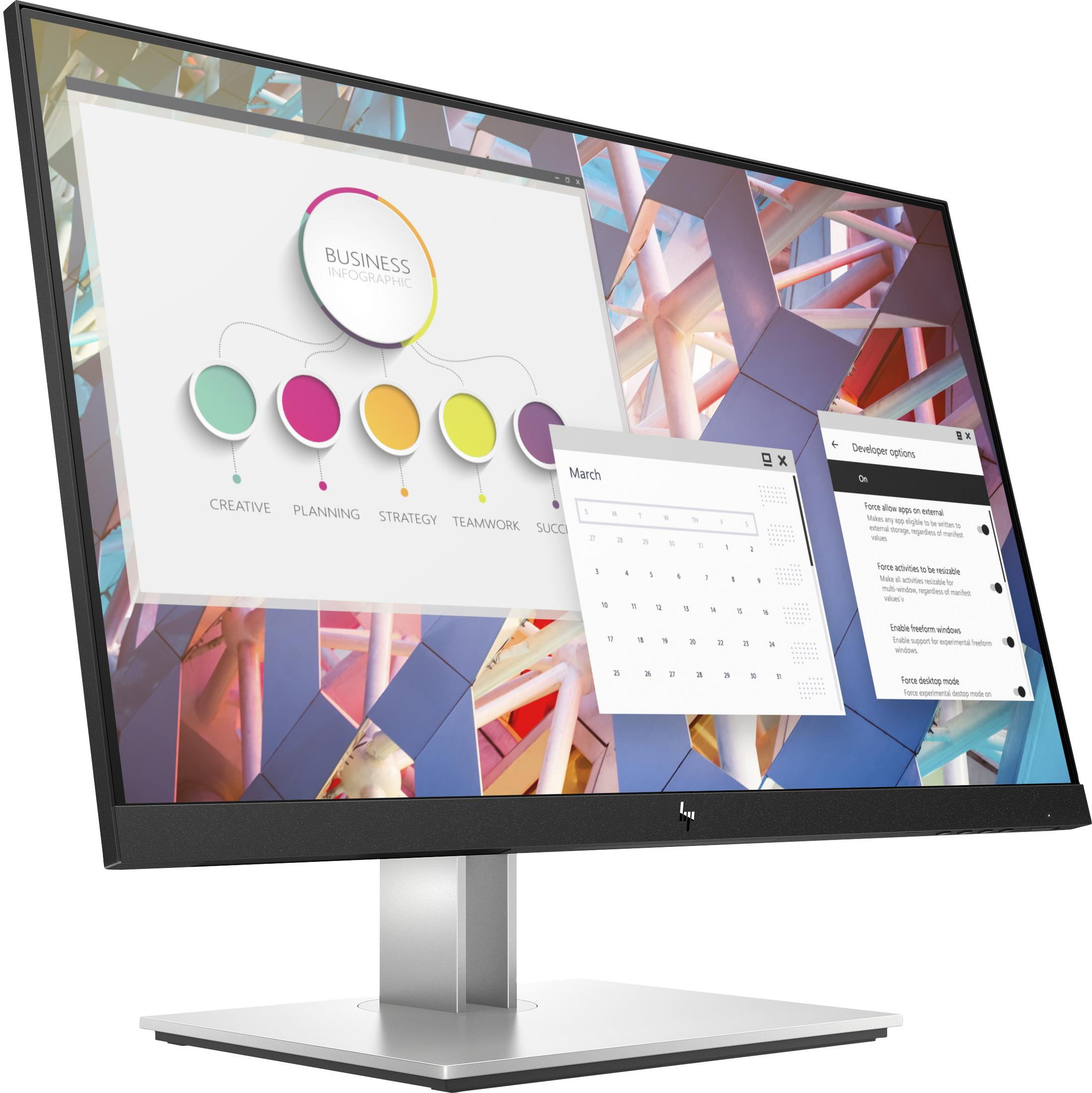 A computer monitor displaying a business infographic and calendar on a desk.