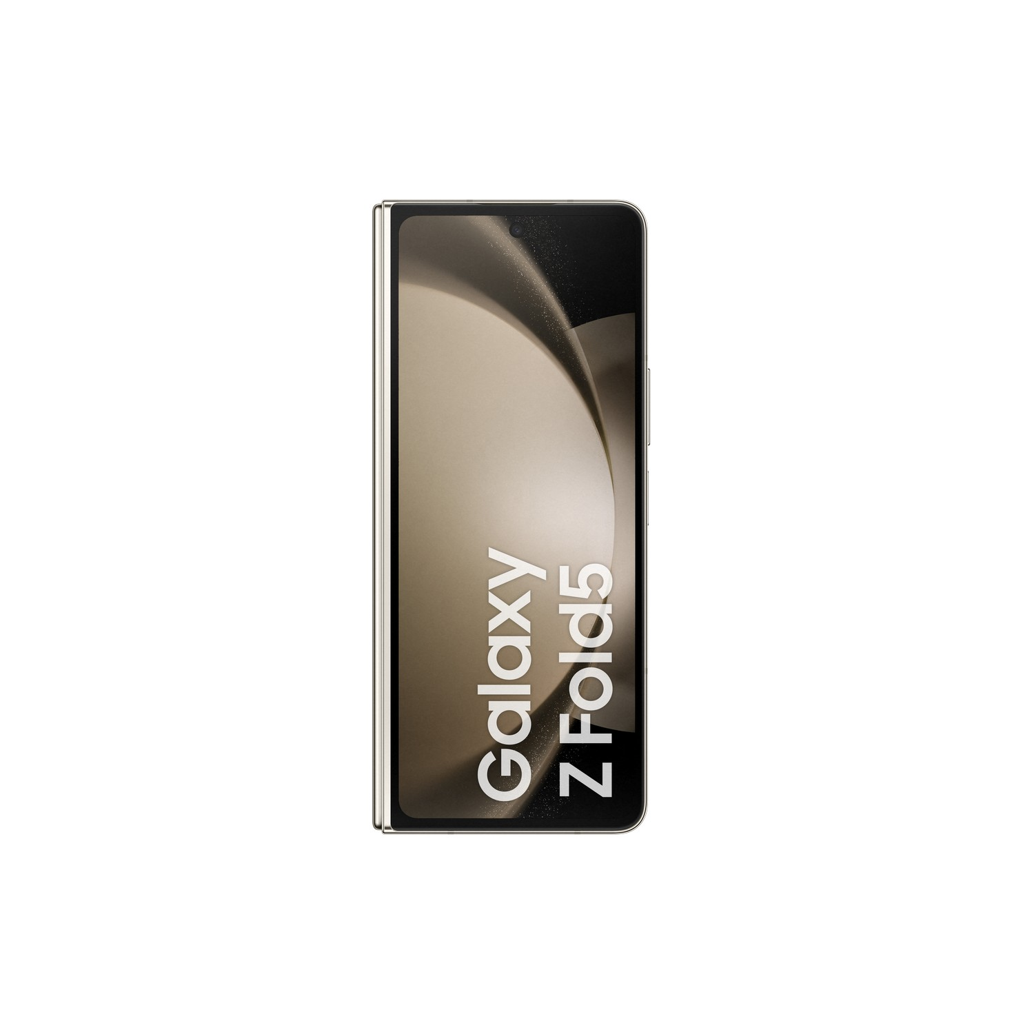 Złożony telefon Samsung Galaxy Z Fold5. Wyświetlacz pokazuje metaliczny kolor z logo Galaxy.