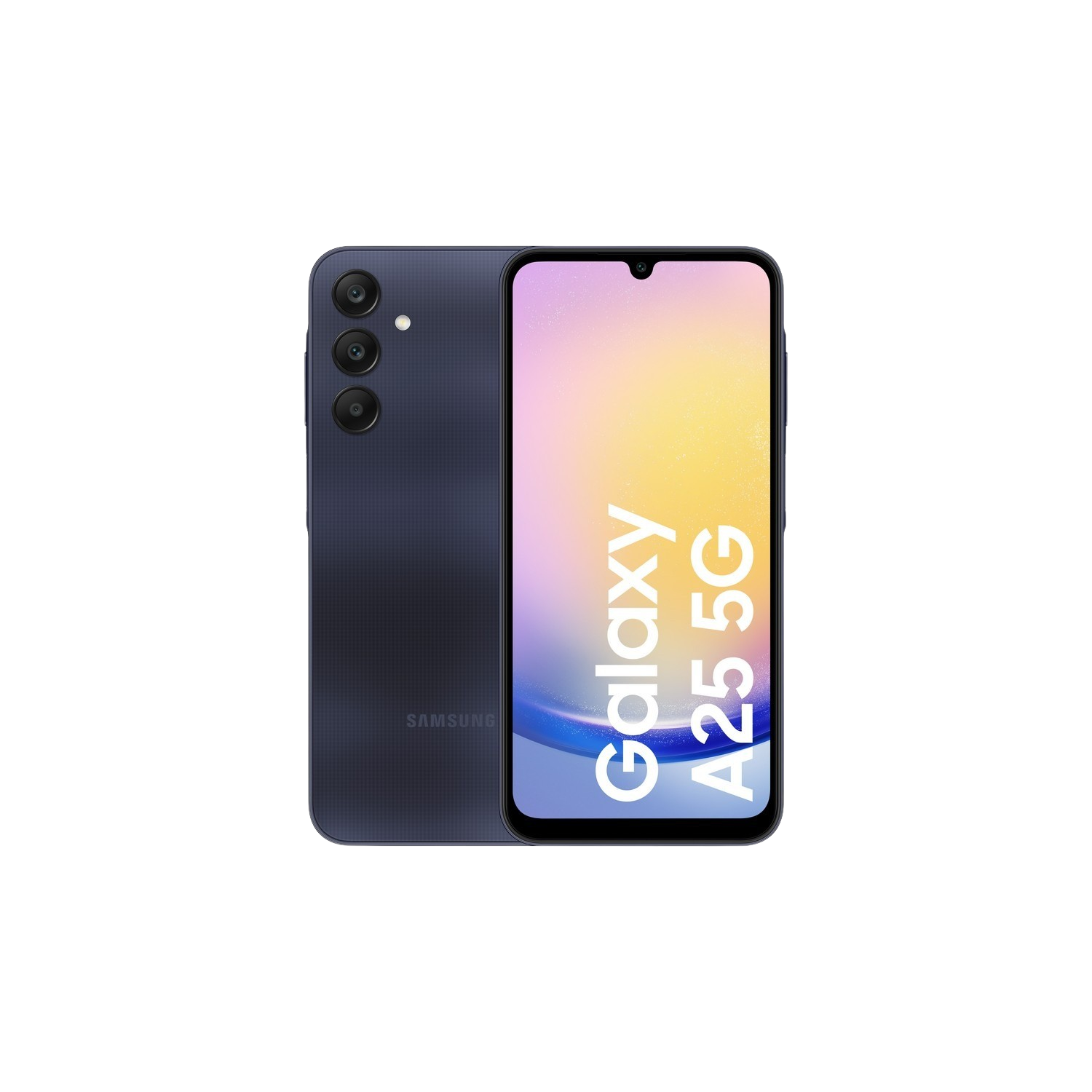 Ciemnoniebieski telefon Samsung Galaxy A25 5G, widok z tyłu i z przodu. Czarne tło. Tekst na ekranie.