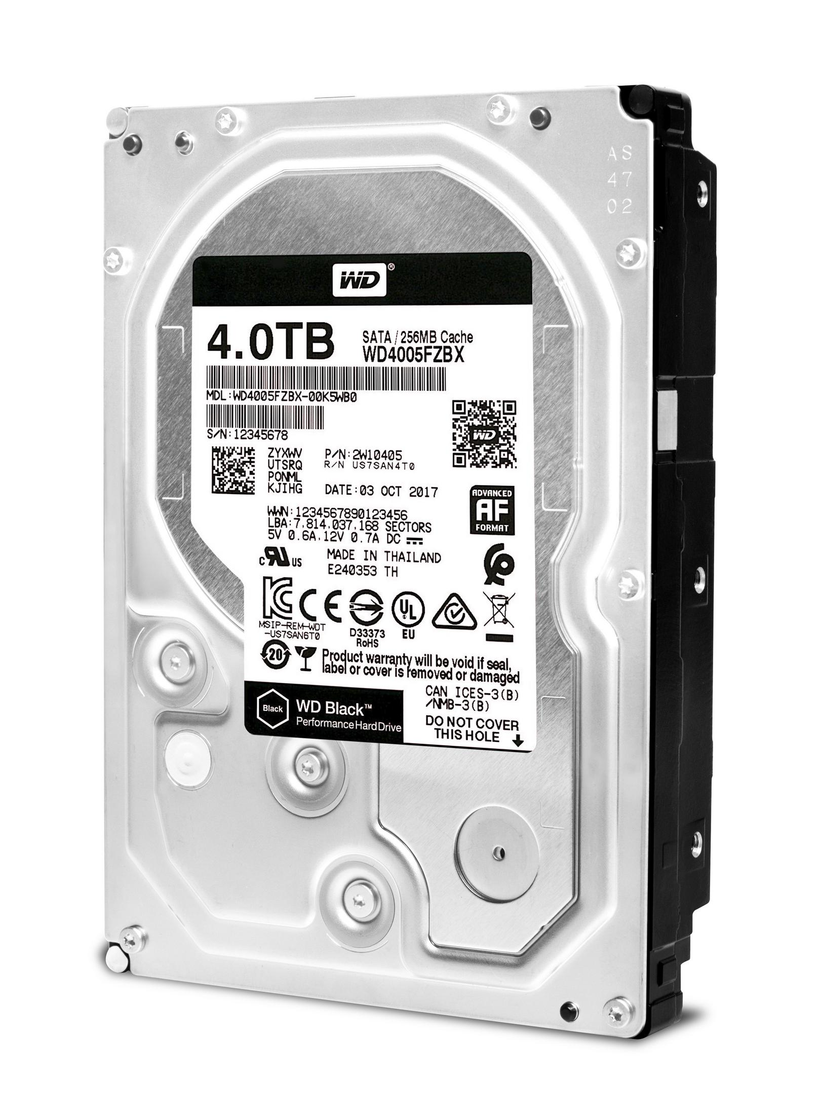 Un disco duro de 4,0 TB con etiquetas y un marco negro. Fondo blanco.